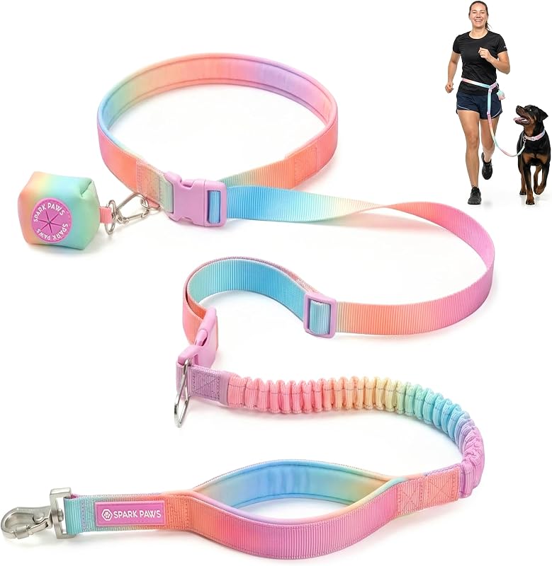 Guia para Cães Mãos Livres Spark Paws com Cinto de Cintura, Bungee e Presilha para Cinto de Segurança – Pastel Icing
