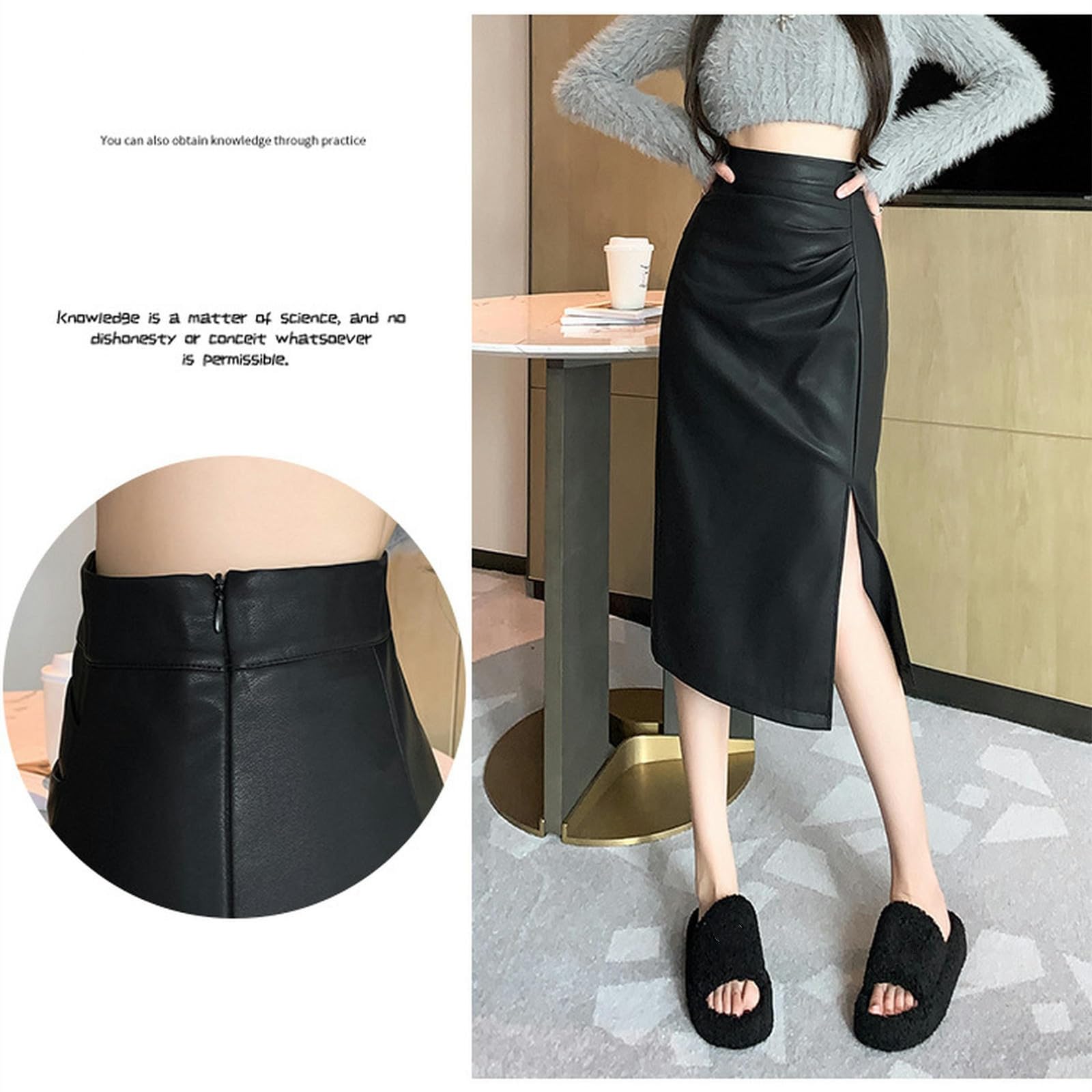 Gonna Lunga Donna Gonna delle Donne in Finta Pelle Gonna Basica A Vita Alta in Pelle Gonna Nera Classica Matita Bodycon Gonna Fashion Split-Nero-m