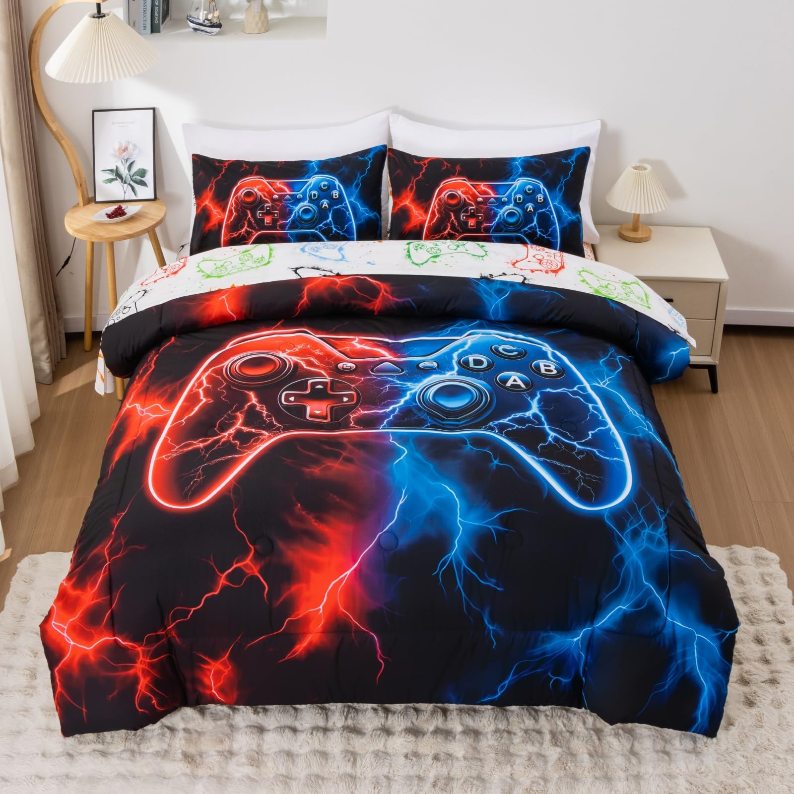 Meeting Story Gaming Bedding Set for Boys, 3D Game Controller Design with Lightning Background, Twin Gamer Bed Set, 5 Pieces Polyester Fiber Comforter Set Suitable for All Seasons(RedBlue)