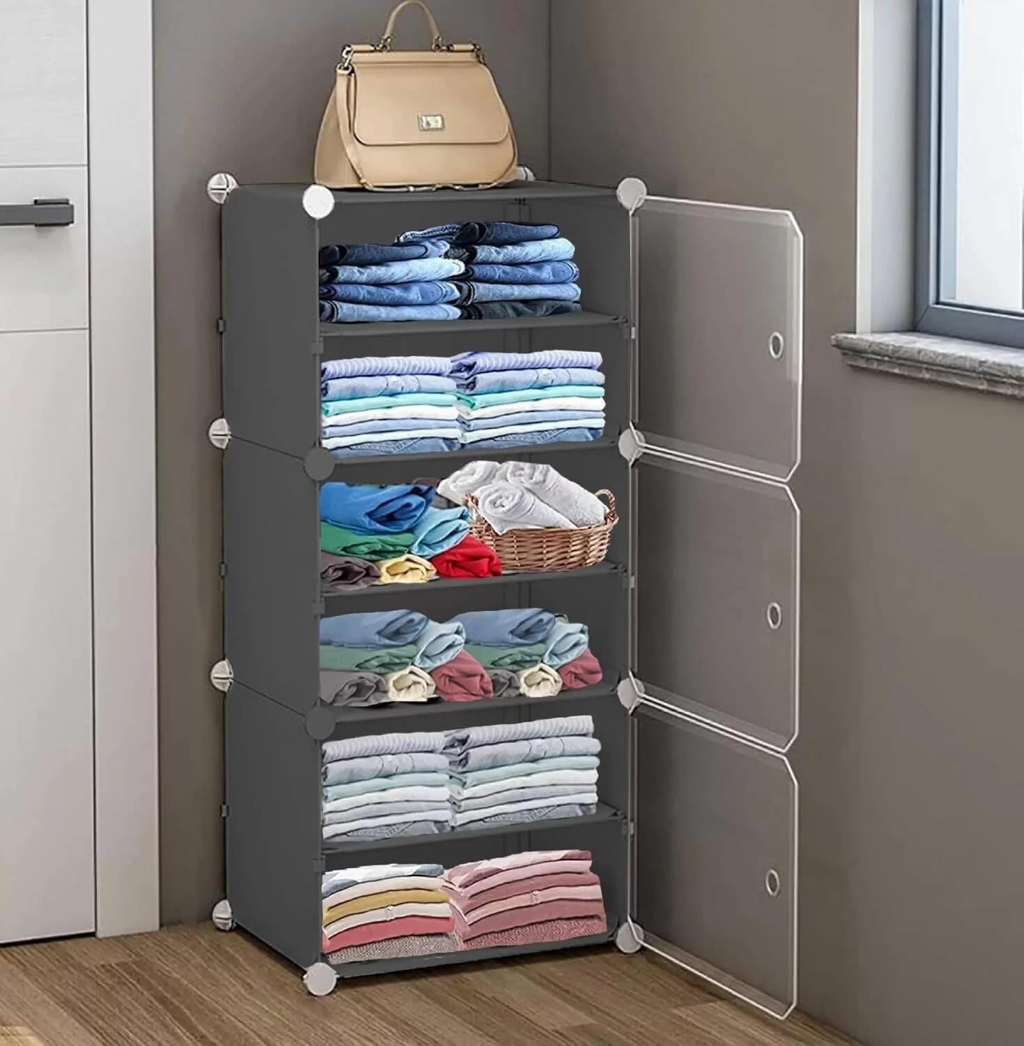 HOMIDEC Almirah for Clothes,Plastic Soft Sheet Collapsible Wardrobe for Clothes for Kids Clothes/Toy/Book, Baby Cupboard for Clothes Storage in Bedroom NurseryCartoon (Grey, 3 - Door)-image-5