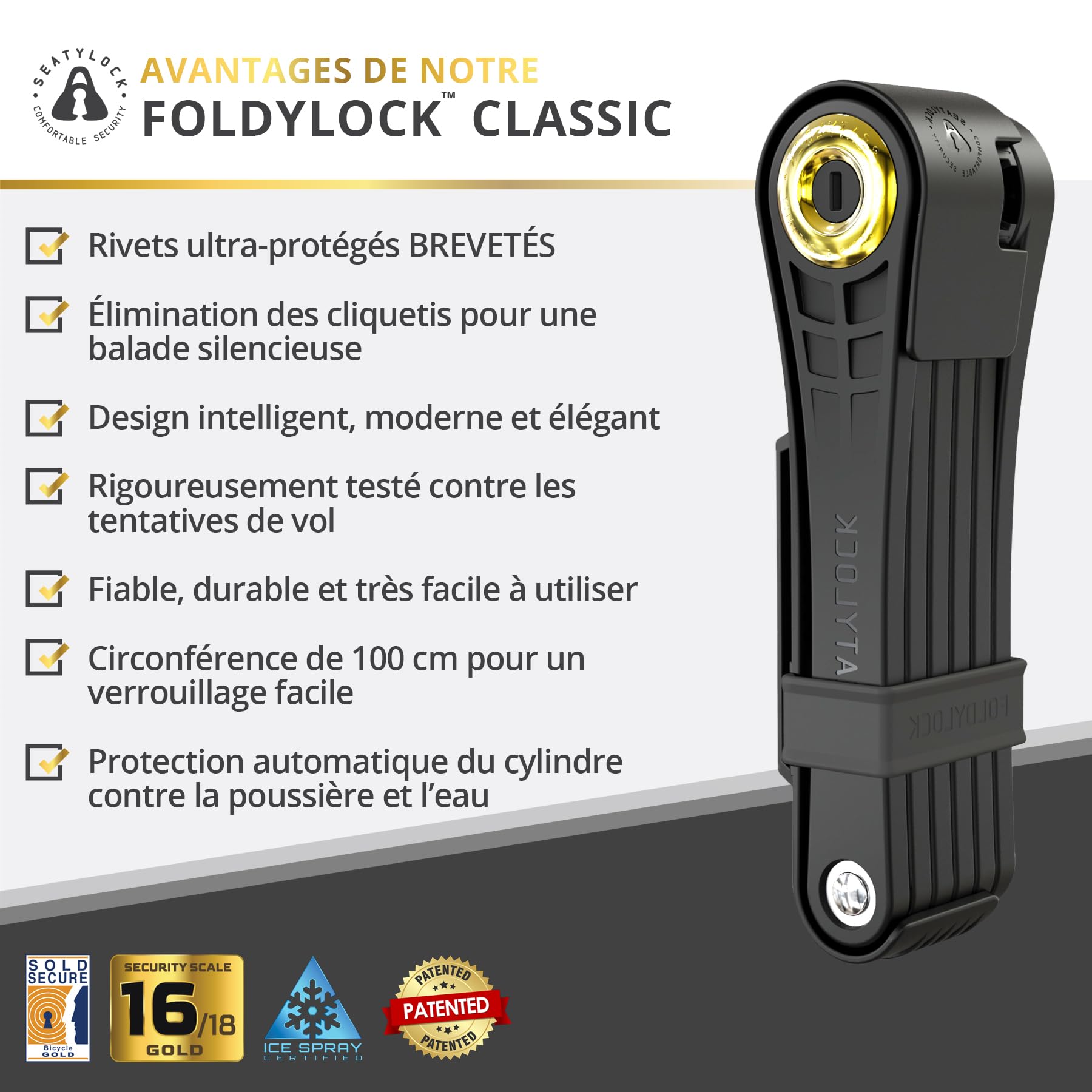 Seatylock FoldyLock Classic Antivol Velo Pliable - Antivol Pliable avec Clés - Cadenas Velo 3 Ans de Tranquillité d'Ésprit - Niveau Sécurité 16/18 - Classé Sold Secure Gold - 100cm