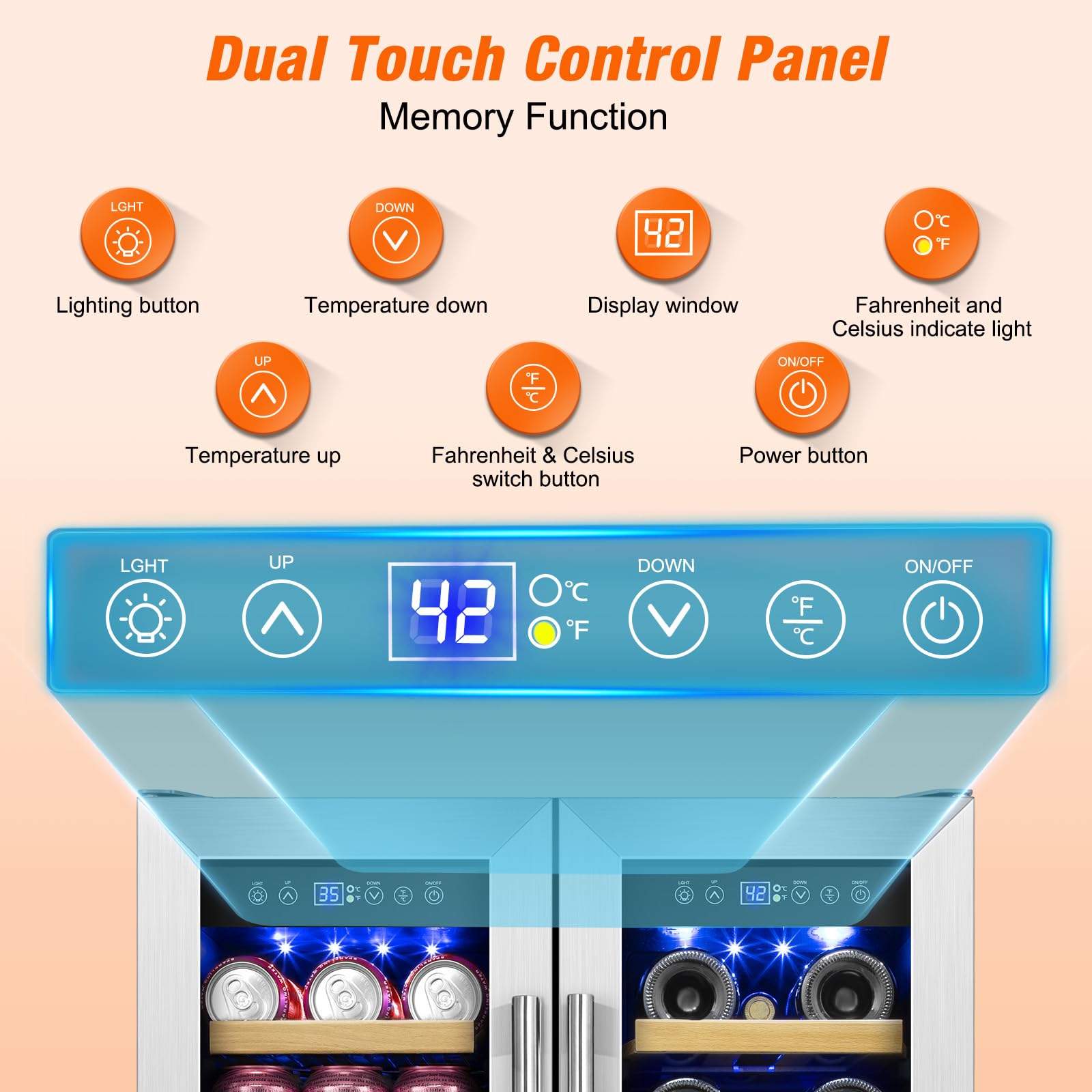 Turephe Wine And Beverage Refrigerator, 24inch Beverage Cooler Dual Zone With Glass Door, Built-In/Freestanding Beverage Fridge With Upgraded 20 Bottles And 60 Cans Large Capacity on Fridge.com - View 5