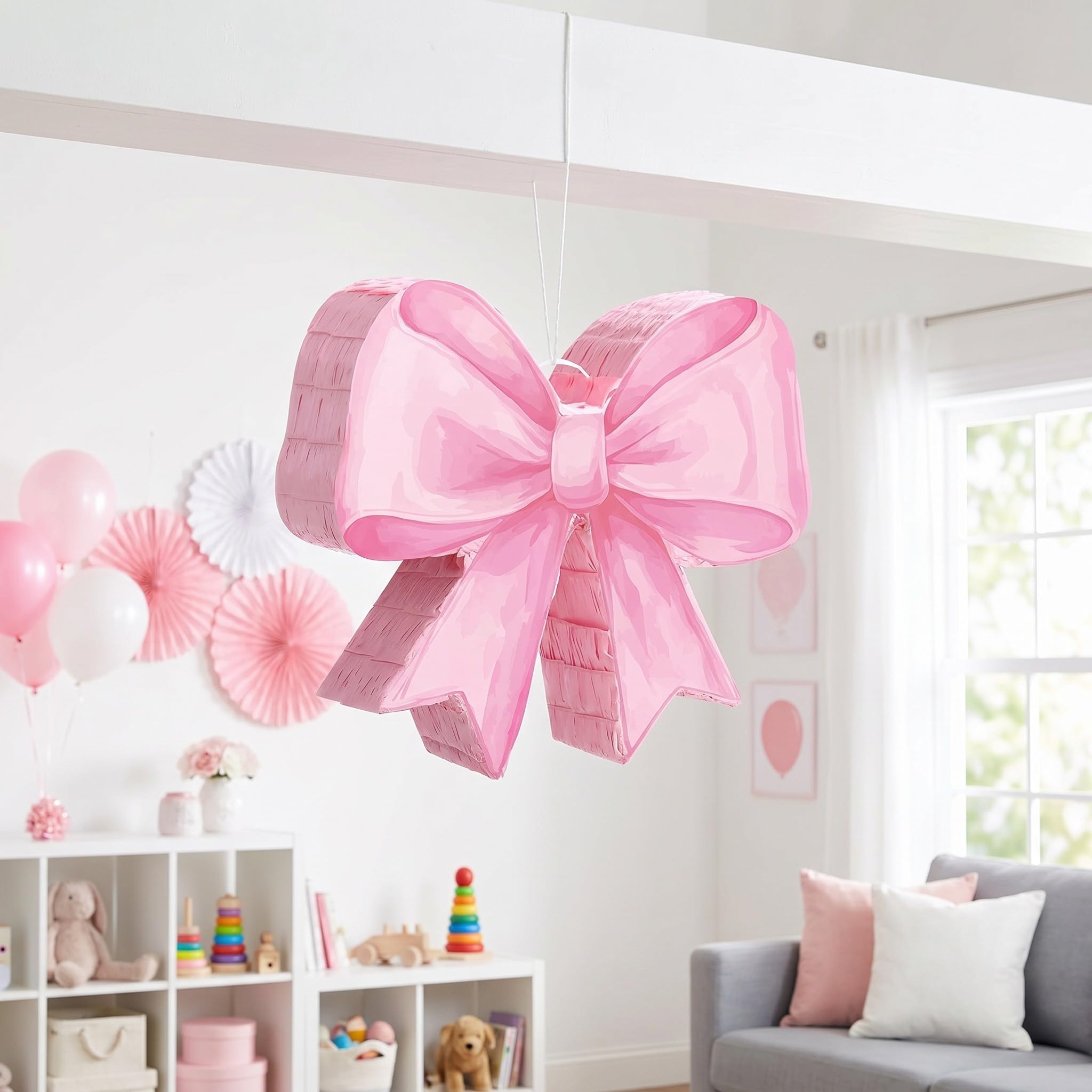 Operitacx Piñata rosa con lazo para niña, el set de piñata rosa con lazo incluye un palo, una máscara para los ojos y confeti, lindas decoraciones para fiestas de cumpleaños, artículos para fiestas