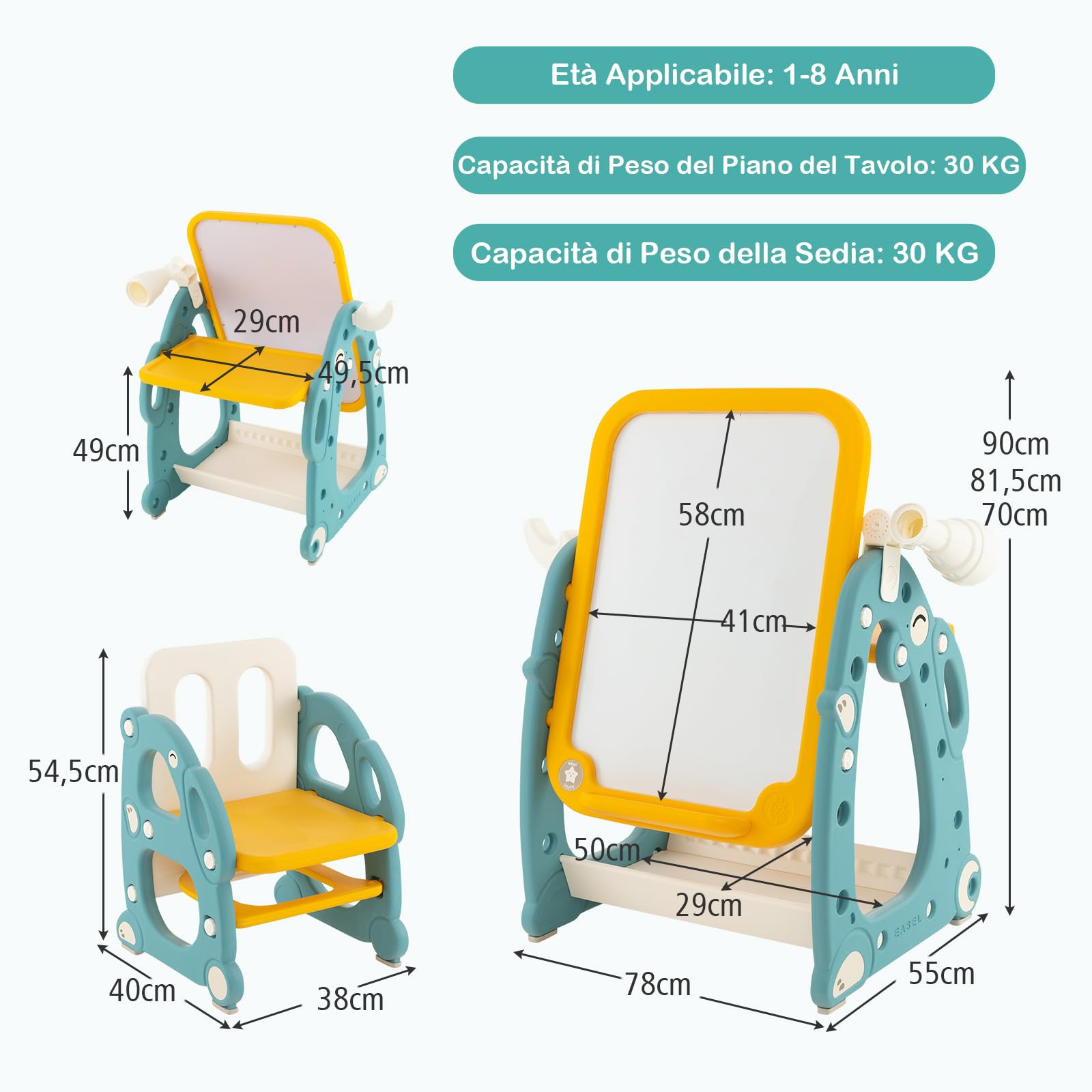 GYMAX Tavolozza Artistica 4 in 1 per Bambini con Sedia, Set Tavolo e Sedia per Disegno per Bambini con Lavagna Magnetica Regolabile, Lavagna Cancellabile e Pennarelli, per Bambini da 1 a 8 Anni