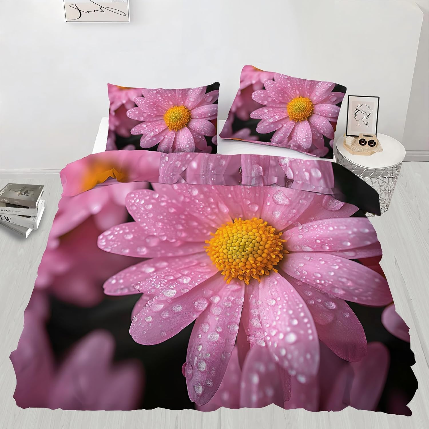 Housse de couette 240x220 fleurs roses parure de lit 2 personnes microfibre avec fermeture éclair