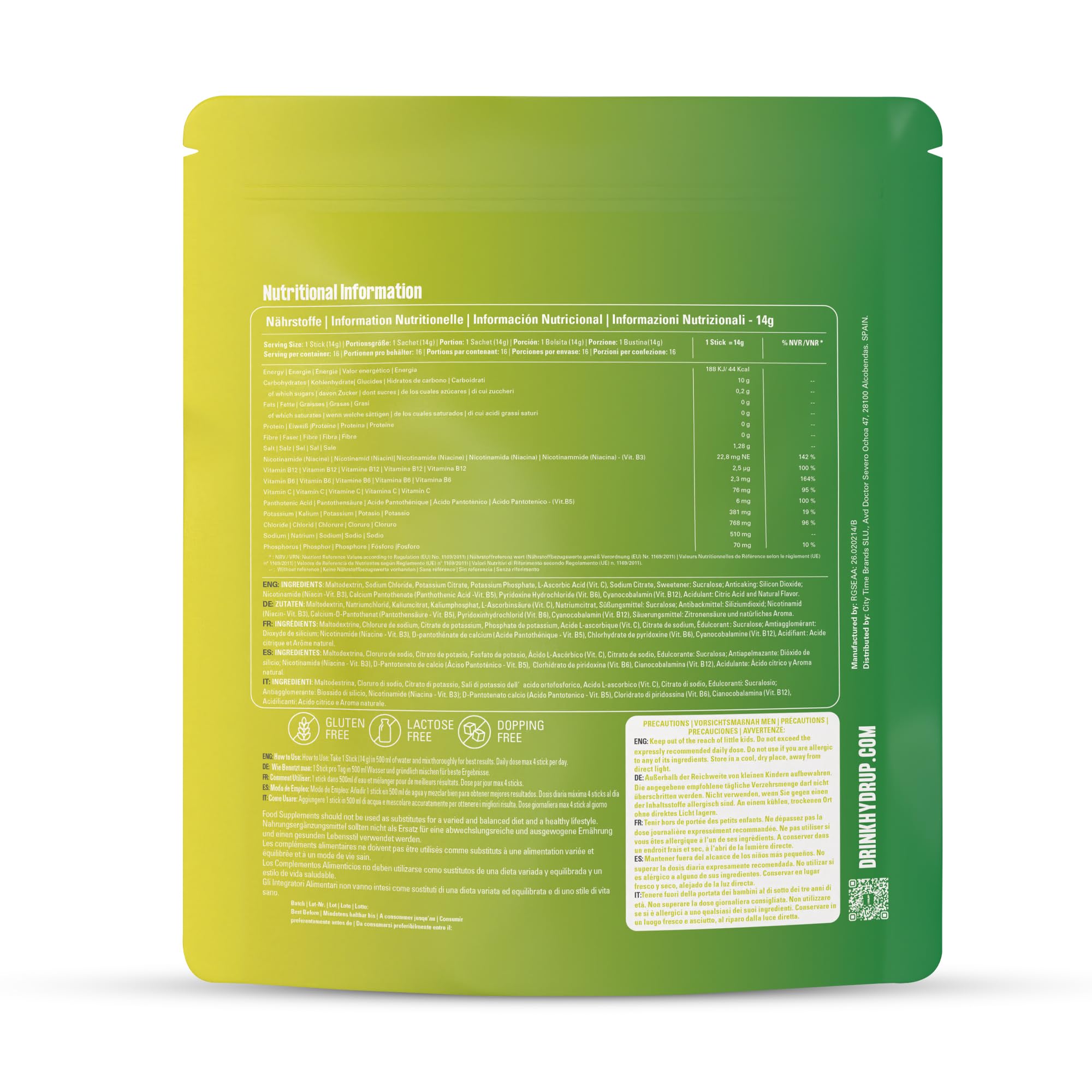 HYDRUP Electrolitos en Polvo 1733 mg - Hidratación Rápida y Energía al Instante, Sales Minerales con Vitaminas B y C para Deporte, Sabor Lima Limón, 16 Sobres Sin Gluten ni Lactosa