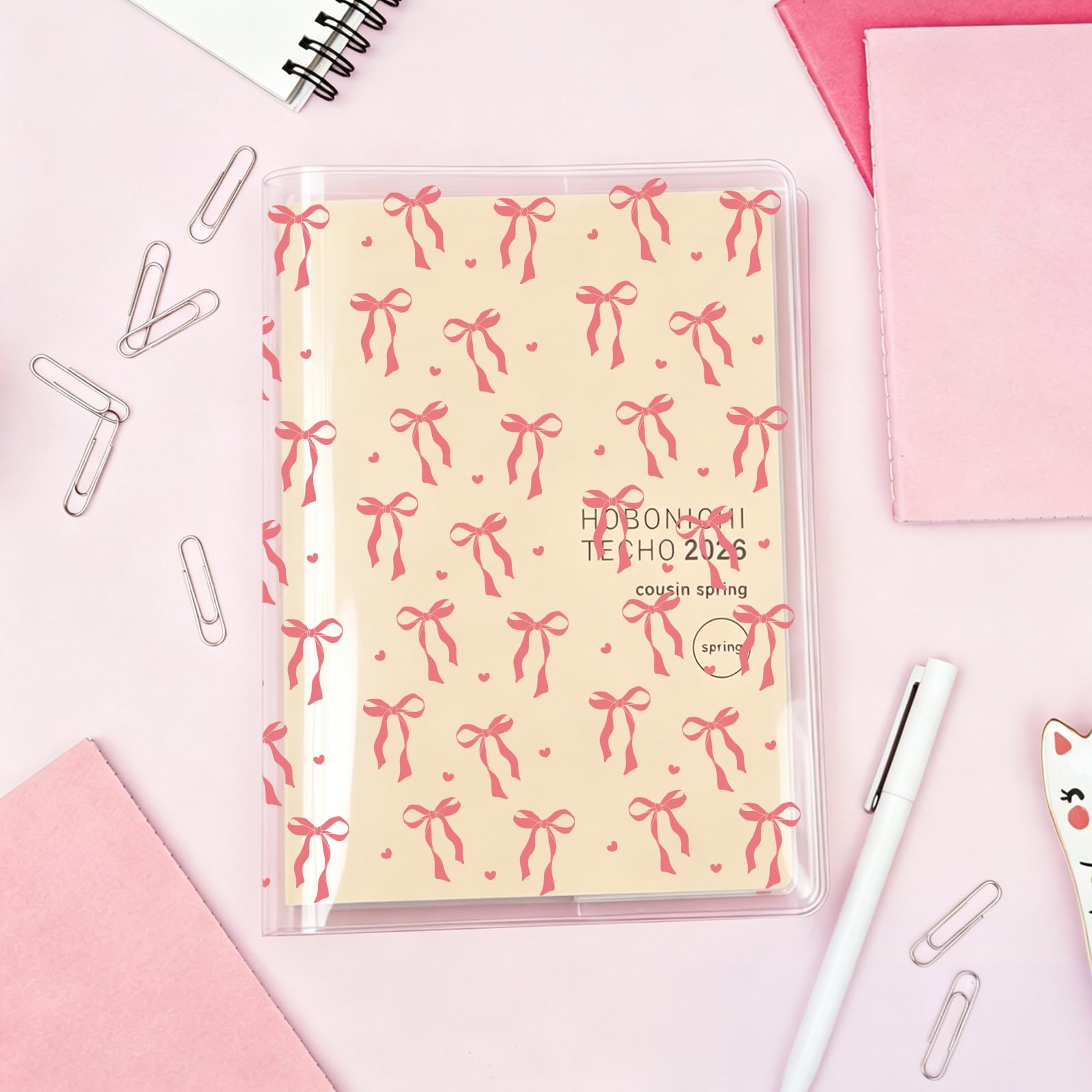 Różowa kokarda A5 przezroczysta osłona planera pasuje do kuzyna A5 Hobonichi, rękawy na książki z PCW do twardej okładki i miękkiej okładki, podręczników biurowych, przyborów szkolnych, 4 szt