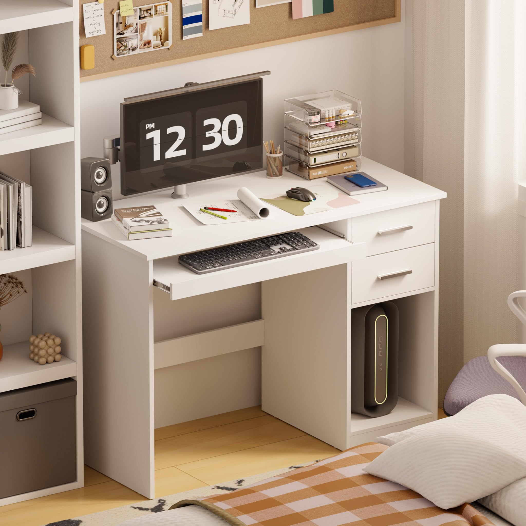 Mondeer Schreibtisch mit 2 Schubladen, 105 x 48 cm Computertisch mit Tastaturauszug, Bürotisch Moderner für Büro Heimbüro Arbeitszimmer Schlafzimmer, Weiß