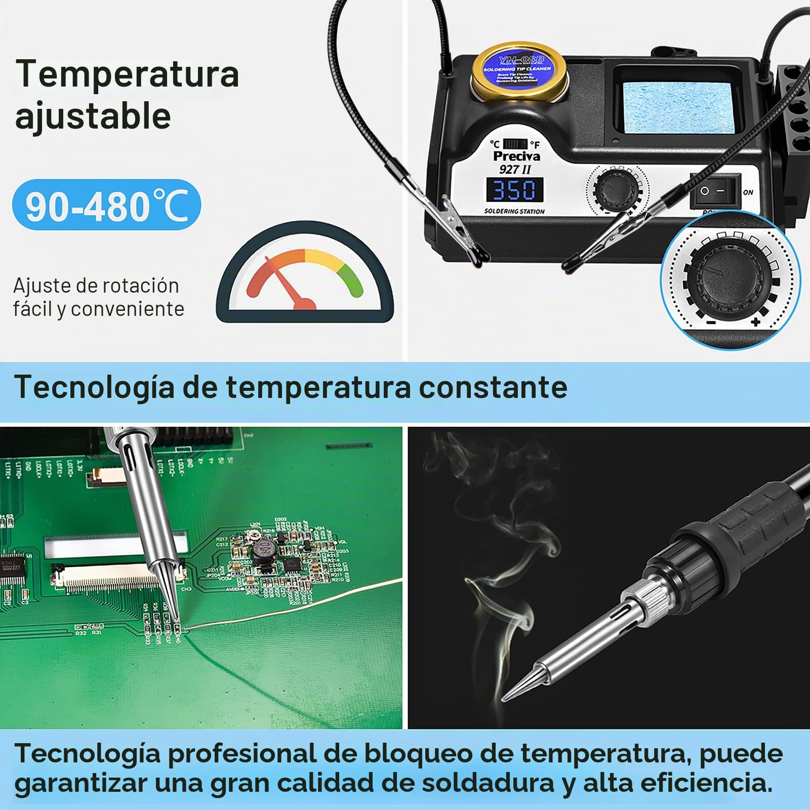Preciva 927II - Estación de soldadura LCD digital, 60 W, 90-480 ℃ ajustable, 5 cabezas, ℉/℃ botones, función de sueño, control del termostato