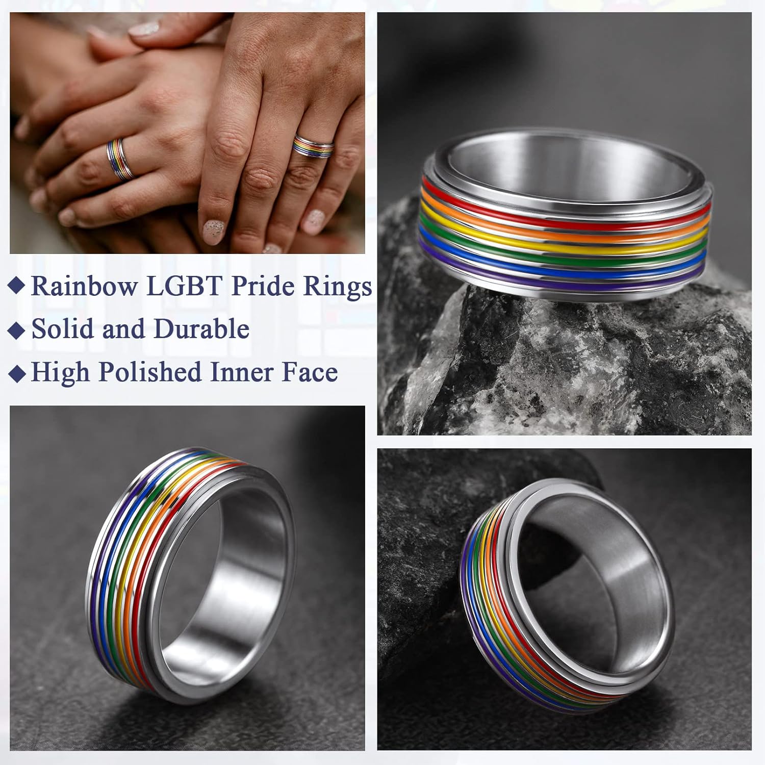 FaithHeart LGBT Pride Rainbow Fidget Rings, Stainless Steel/18K Gold Plated Love is Love Jewelry for Men Women Personalized Customize - Image 4