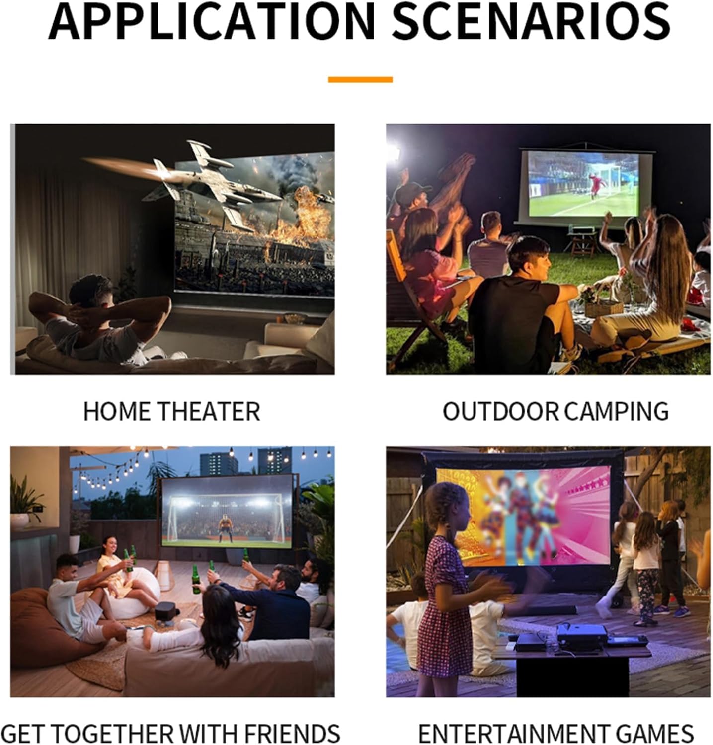 Four images showing different uses of the projector: home theater, outdoor camping, friends gathering, entertainment games