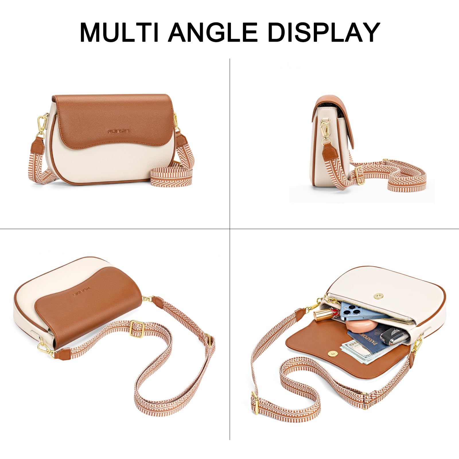 RONSIN Flap Saddle Bag for Women Crossbody Wallet Purse with RFID Card Saddle Purse Adjustable Strap Crossbody Bags (Brown)