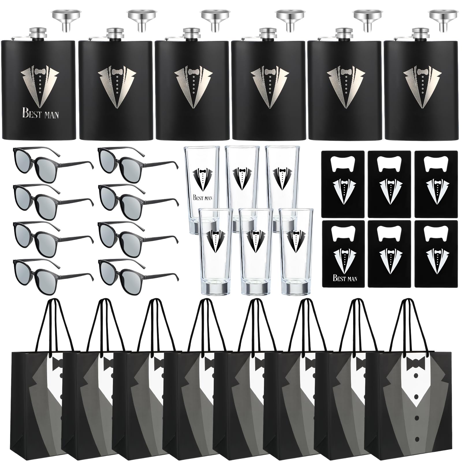 Hushee 30 Pcs Groomsmen Gifts Set Includes 6 Stainless Steel Tuxedo Flask with Funnels 6 Groomsman Proposal Gift Bags 6 Poker Card  Bottle Opener 6 Sunglass 6 Glass Cups for Wedding Party