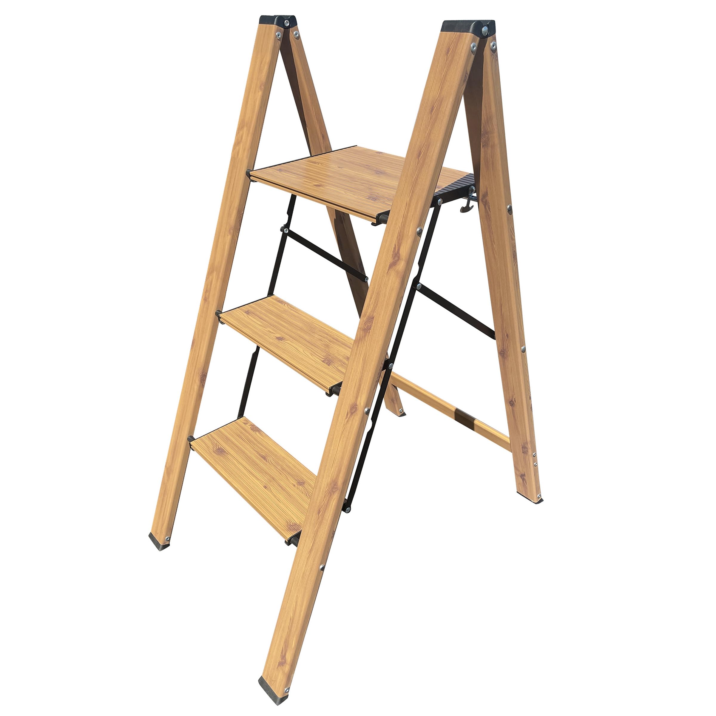 AmeriHome 3 Step Aluminum Wood Grain Folding Ladder