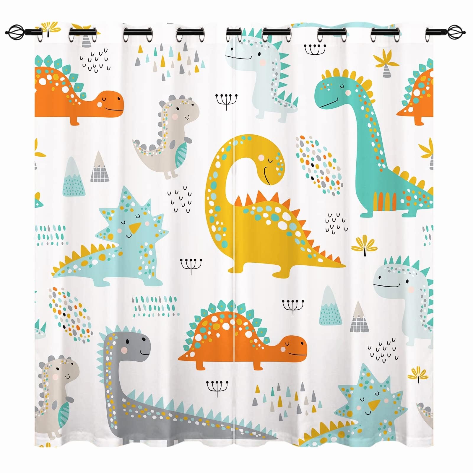 YUANZU Kids Dinosaur Curtains - Boys Girls Eyelet Blackout Colorful Cute Dino Animals Print Pattern Thermal Insulated Room Darkening Window Drapes for Nursery Baby Bedroom 2 Panels W132cm x D213cm