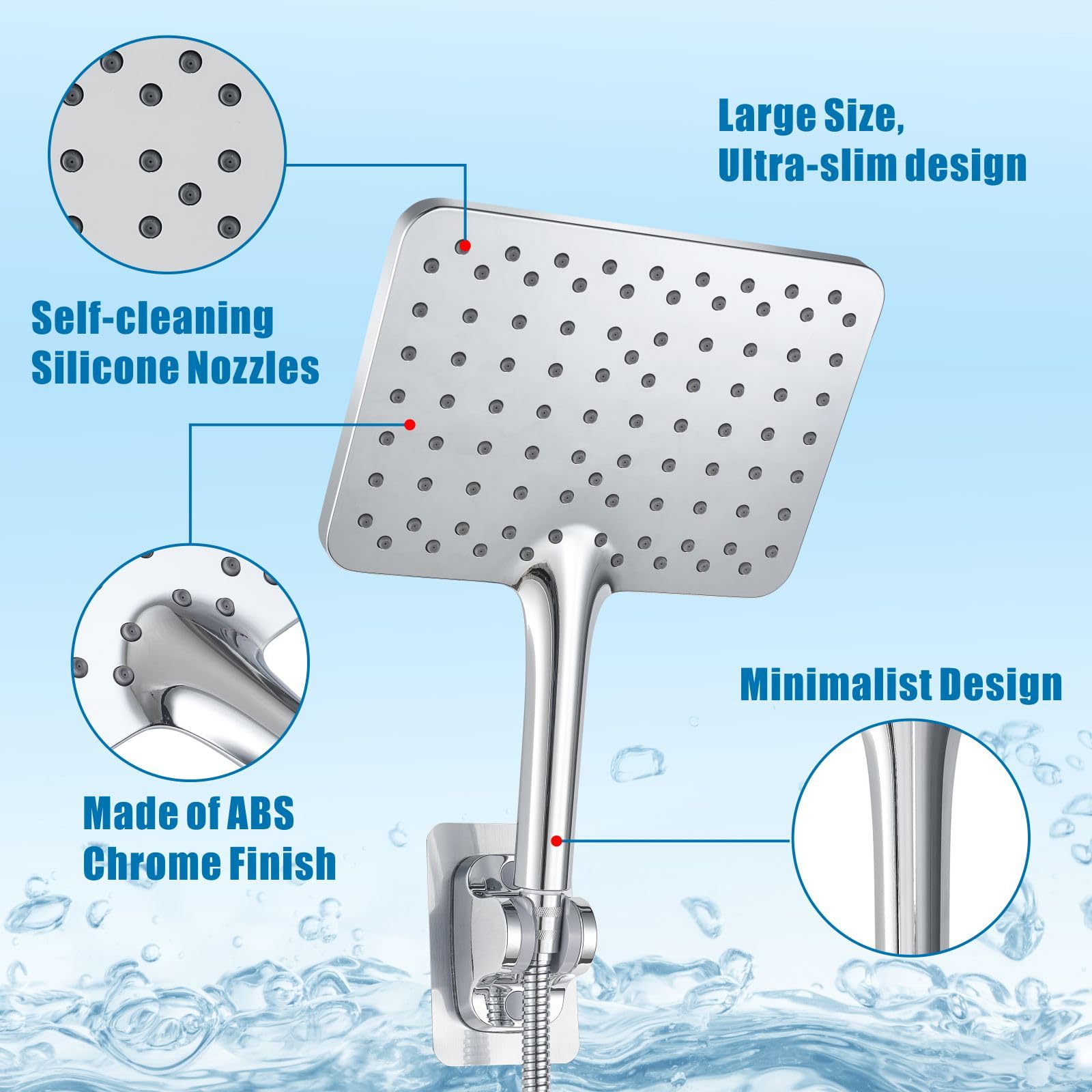 Ampio Soffione Doccia Manuale, Soffioni Doccia Manuali ad Alta Pressione Voolan, Soffione a Pioggia Cromato da 25cm, Sufficientemente Ampio da Coprire Tutto il Corpo, forma Quadrata