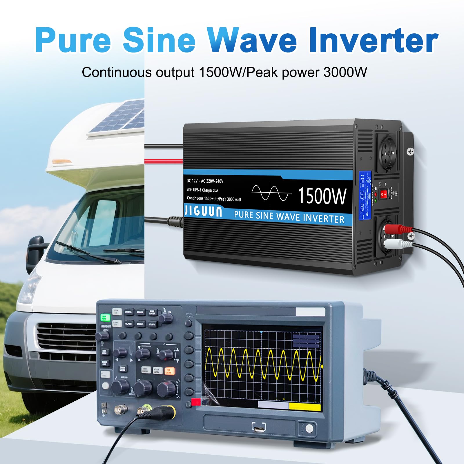 JIGUUN 1500W 3000W Wechselrichter Reiner Sinus Spannungswandler 12V 230V Mit 30A-Ladegerät und Netzvorrangschaltung und USV, 2 EU Steckdosen，Kabellose Fernbedienung und LCD-Anzeige