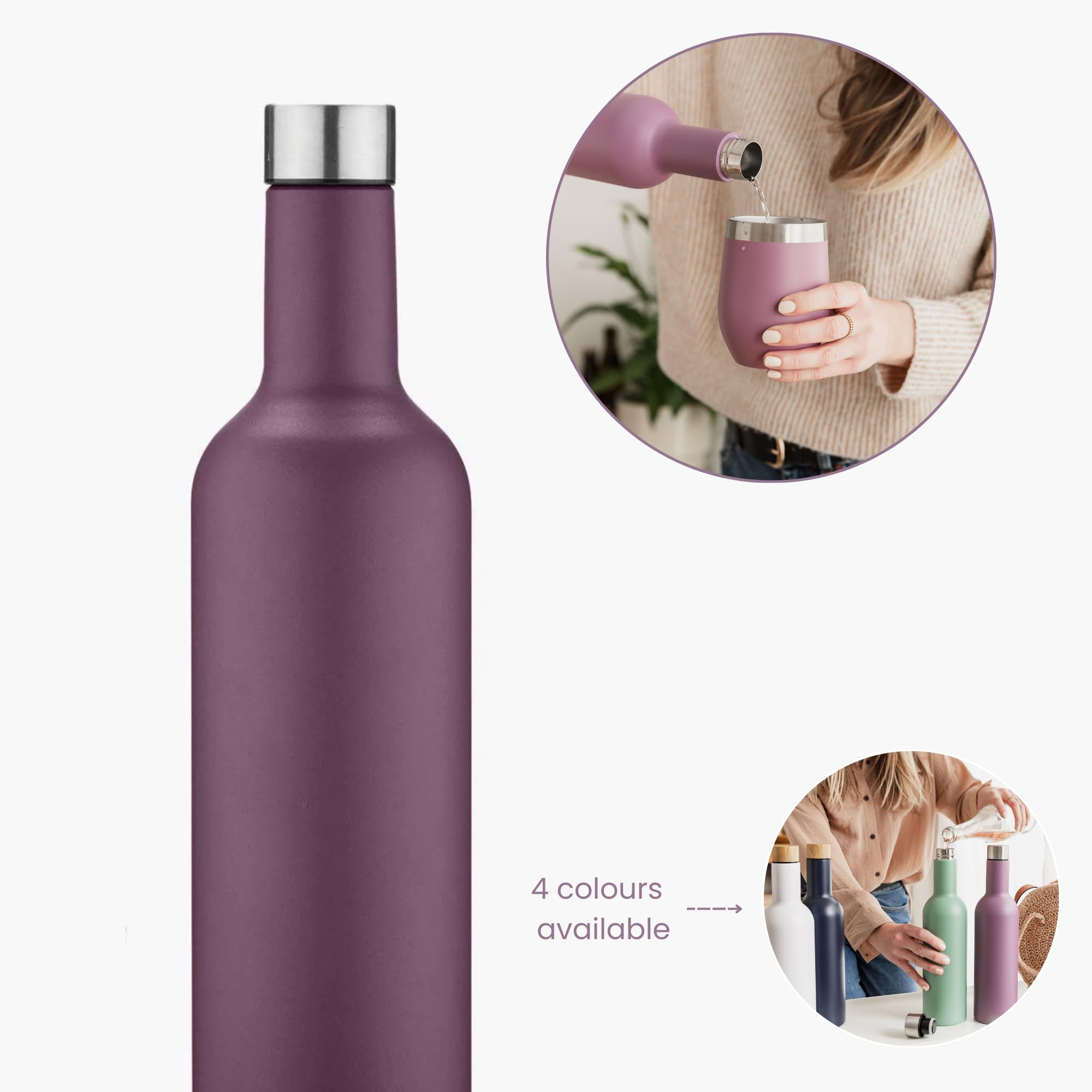 EST 2012 UBERSTAR BARWARE & GIFTS VINNIE Stainless Steel Insulated Travel Wine Bottle 750ml / Hot or Cold Drinks/Reusable Flask Screw Top/Water Wine Juice (Mauve) - Image 3