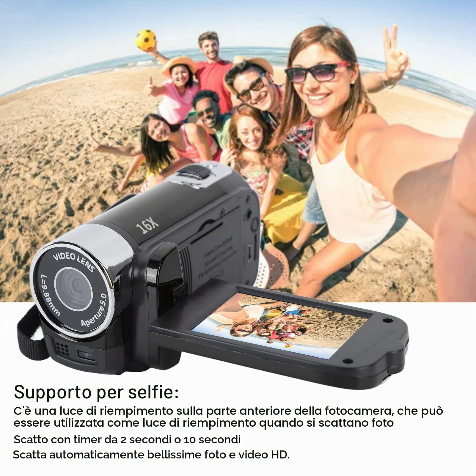 Videocamera 1080P 16MP DV palmare, schermo TFT girevole da 2,7", zoom digitale 16x, con cavo USB, per famiglia, viaggi (nero)