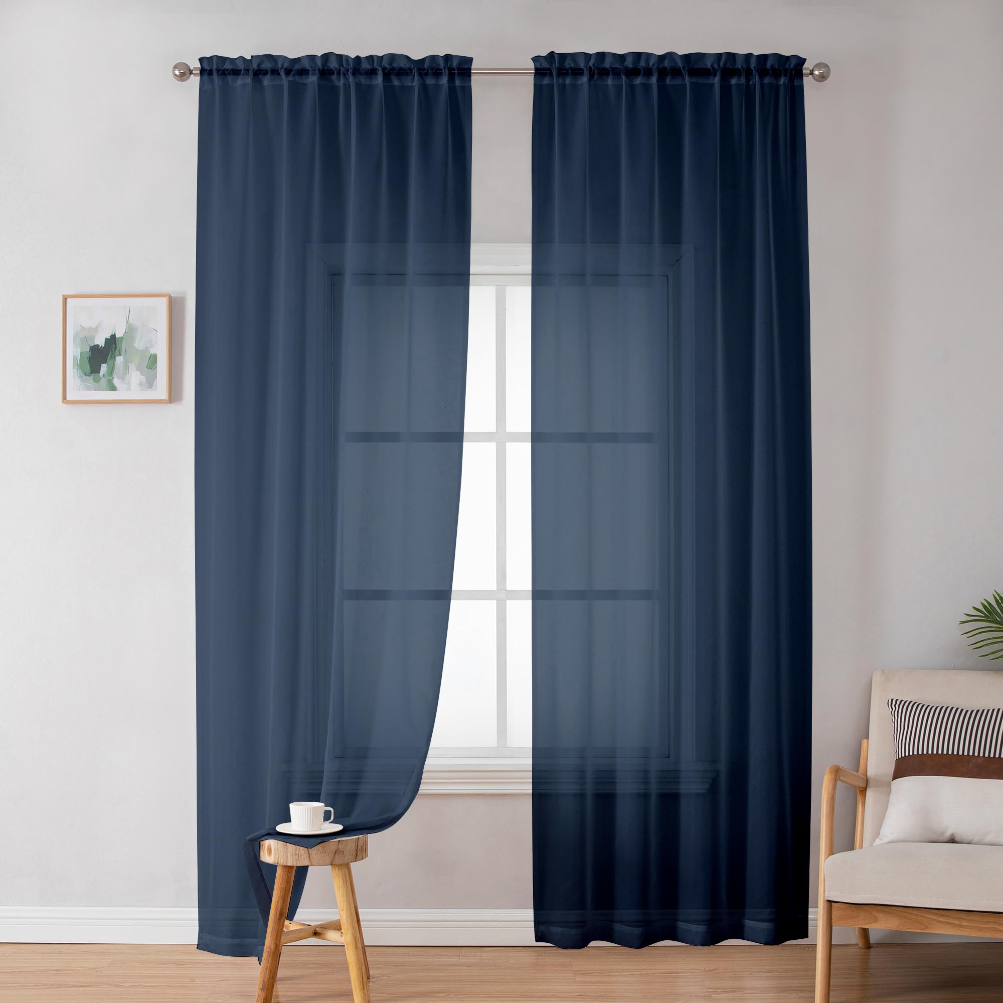 Simplebrand Navy Blue Sheer Curtains 72 Inches Long 2 Panels for Bedroom