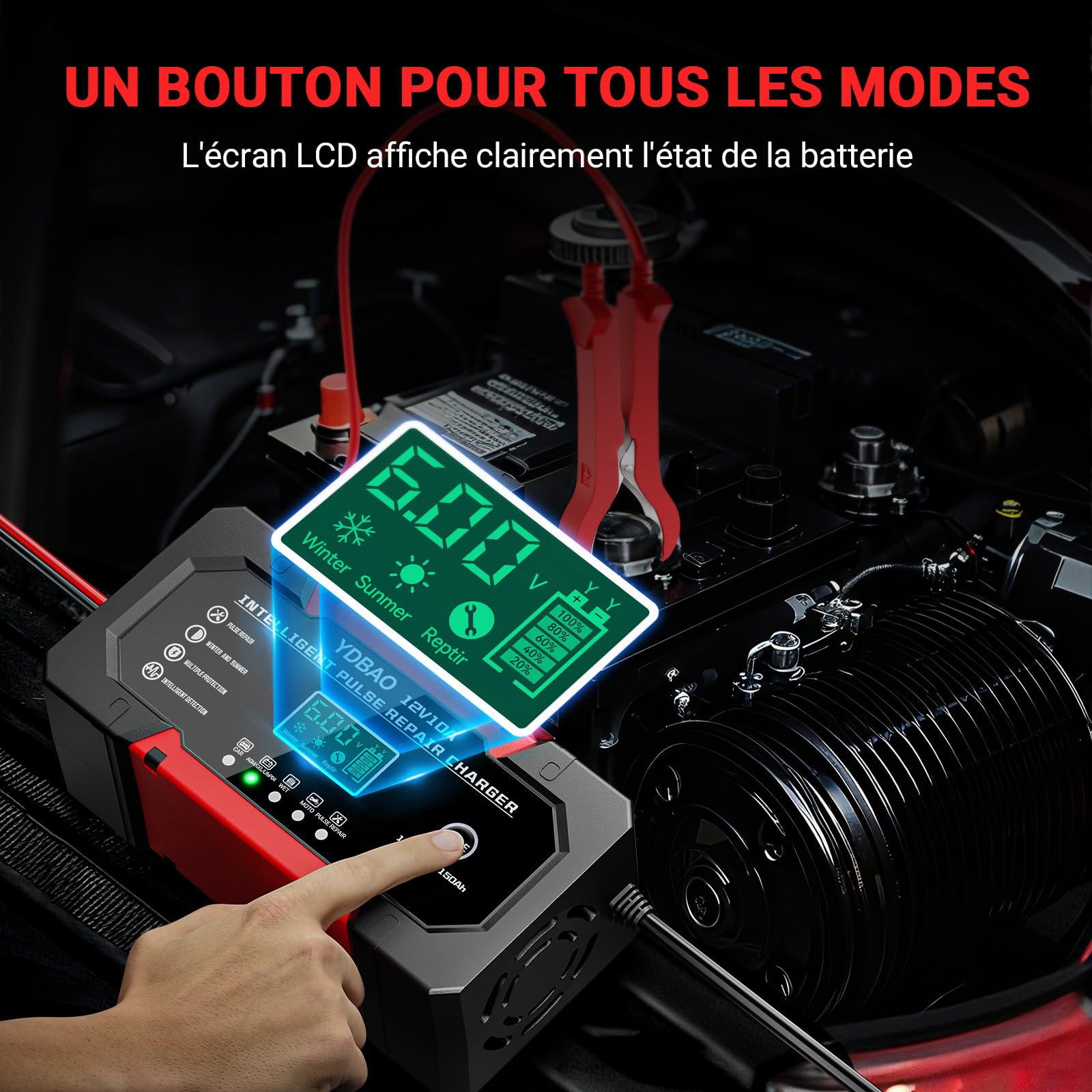 YDBAO Chargeur de Batterie Voiture 12V 10A LiFePO4 Chargeur Batterie Auto Intelligent avec Mode Réparation pour AGM Gel Wet LiFePO4 Auto Voiture Moto Camion
