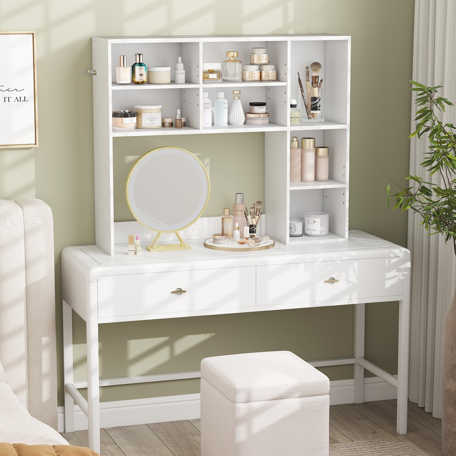 FANTASK Tischregal mit 7 Fächern, Bücherregal, Schreibtisch Aufsatzregal für Monitore bis zu 27", Aufbewahrungsorganizer, Schreibtischregal für Arbeitsplatte, 94 x 25 x 79 cm (Weiß)