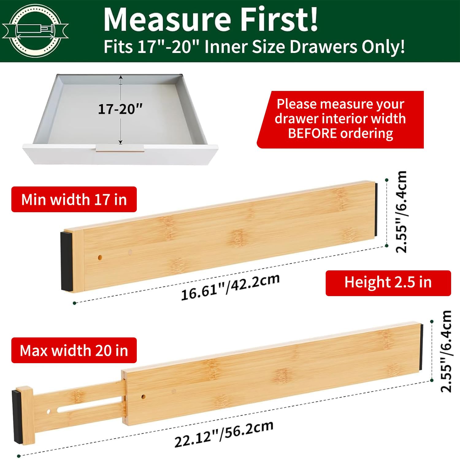 Dunruz Confezione da 6 divisori in bambù per cassetti, altezza 6,6 cm, 43,2-55,9 cm, regolabili, organizer per cassetti a molla, per cucina, cassettiera, bagno, camera da letto e ufficio