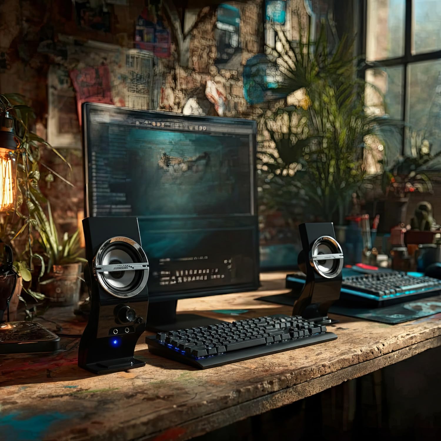 Audiocore AC805 Eleganckie Głośniki Stereo 2.0, Czarno-Srebrne do Komputera, Podświetlane LED Gamingowe do Laptopa na USB 6W, MiniJack