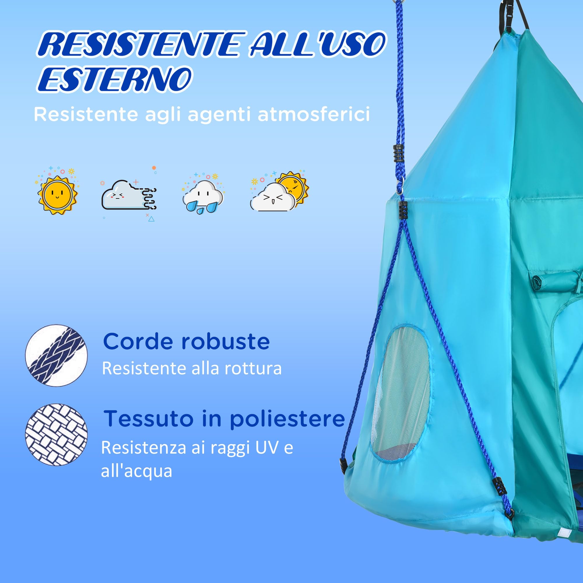 Outsunny Altalena da Giardino 2 in 1 per Bambini 3-8 Anni Ø100cm Blu | con Tenda, Altalena a Nido, Corde Regolabili