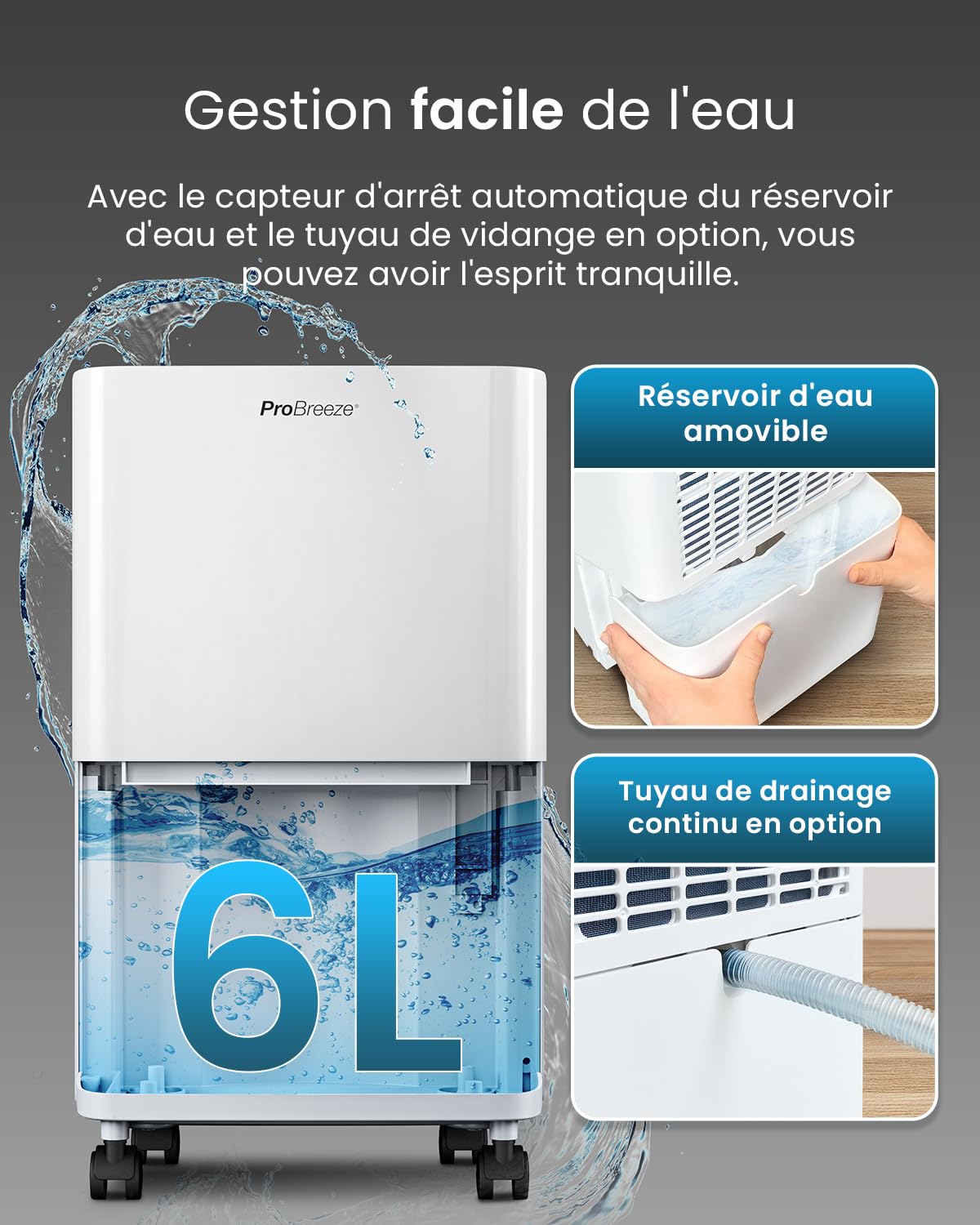 Pro Breeze Déshumidificateur d Air 6L/jour, Éliminateur de Moisissure Noire, Absorbeur d'Humidité Automatique, Sèche-linge, Déshumidificateur Compresseur Portable Silencieux, Minuterie 24h