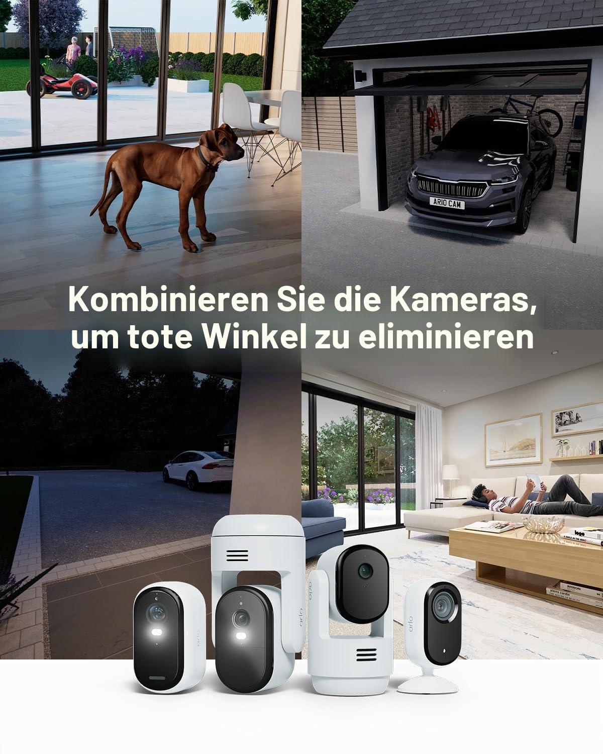 Arlo Essential 3 HD Akku Überwachungskamera Aussen WLAN, Kabellos, 1080p Video, Farbnachtsicht, Licht, Bewegungsmelder, Sirene, 2-Wege Audio, Smart Home Secure Plan Testzeitraum, 4er Set