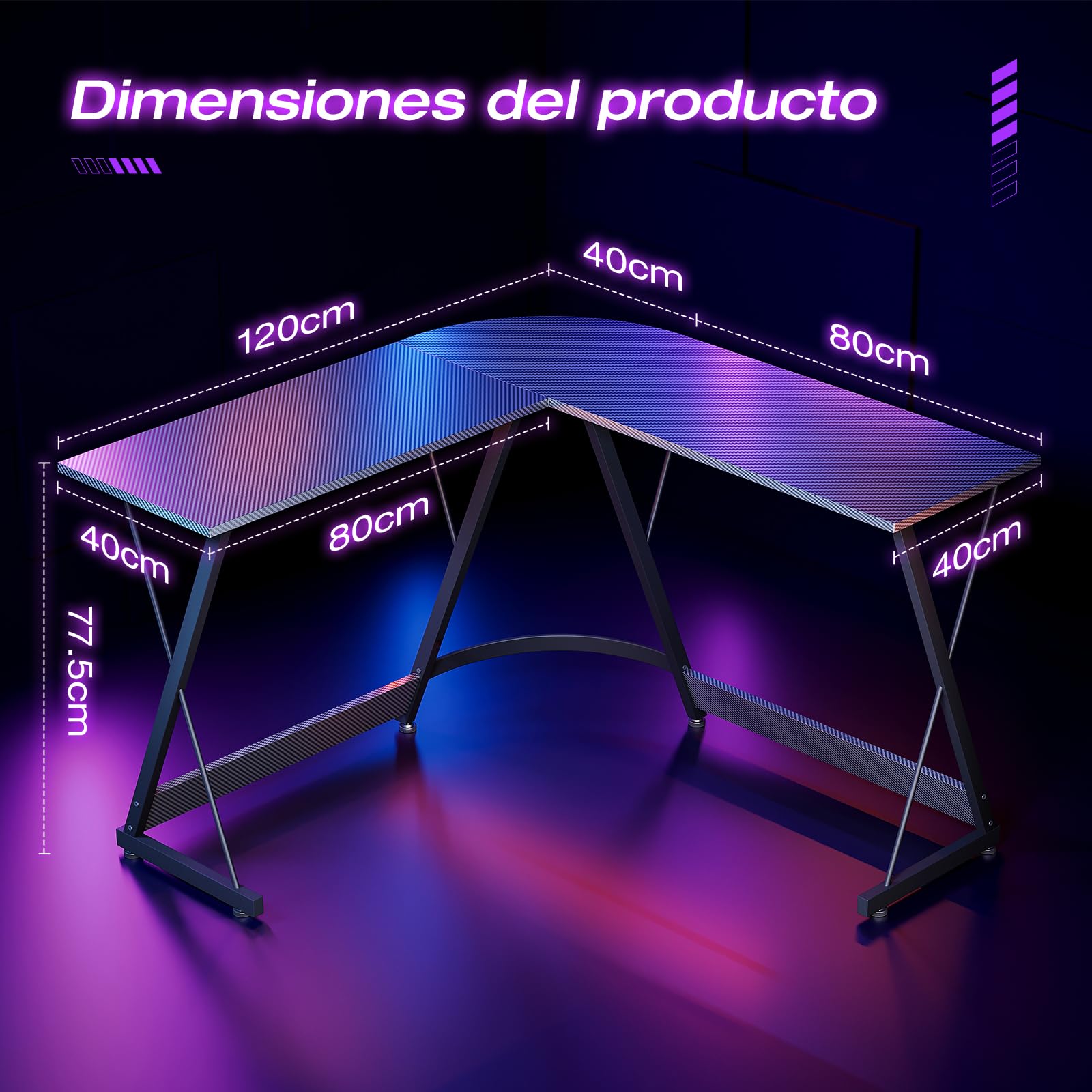 ODK Escritorio Gaming, 120 x 120 cm Mesa Gaming, Escritorio esquinero Estable y económico para Juegos, Oficina en casa y Estudio, Fibra de Carbono Negra