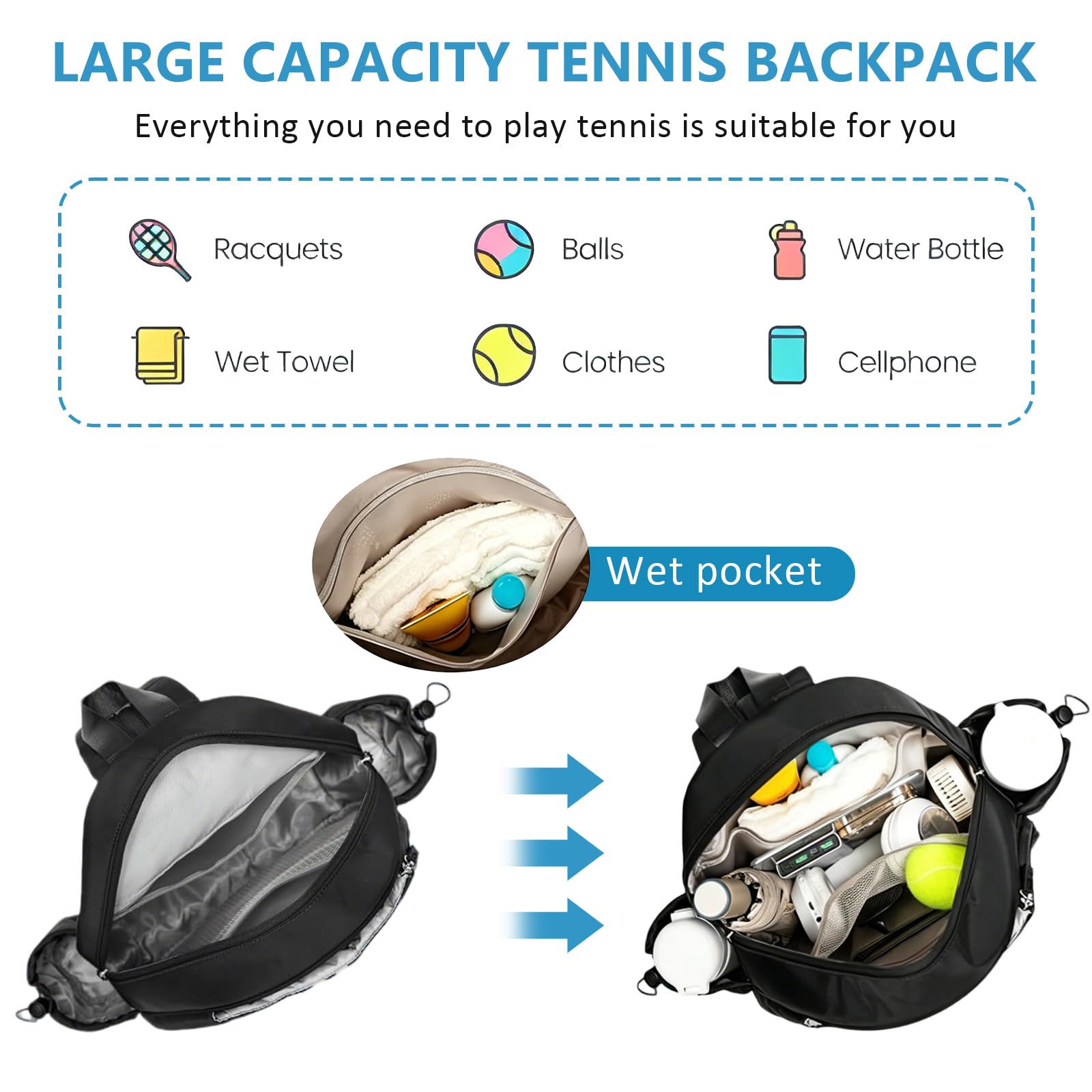 Generisch Zaino da tennis, borsa da tennis da donna e uomo, zaino da tennis per 2 racchette da tennis, impermeabile, zaino sportivo, borsa da badminton per pickleball, tennis e badminton