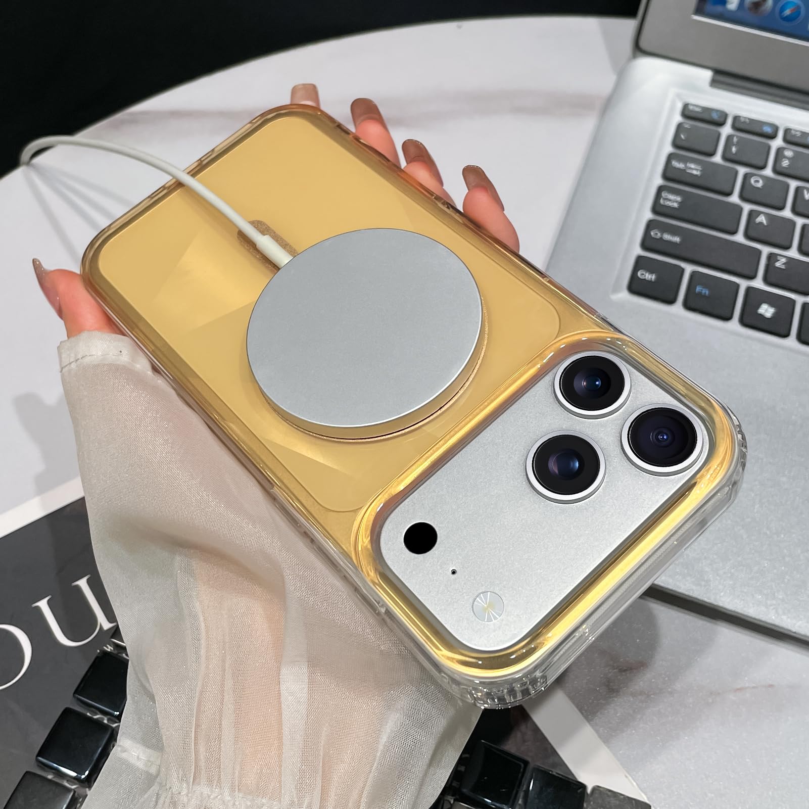 SAKUULO Custodia magnetica per iPhone 17 Pro Max, compatibile con Magsafe, trasparente glitterata iridescente, scintillante, arcobaleno, custodia protettiva antiurto per donne e uomini, arancione