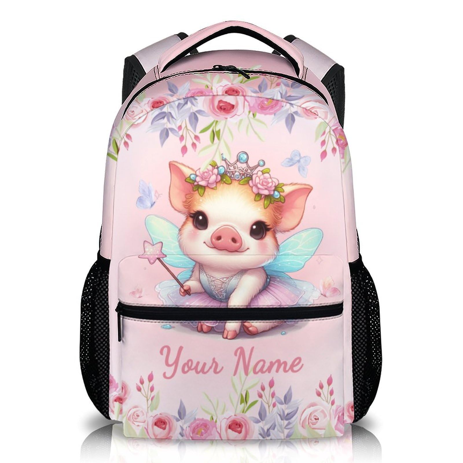 Girls Pig Backpack with Custom Name - Personalized Pink Backpacks for Kids School Toddler Kindergarten Primary Elementary - 17 Inch Lightweight
