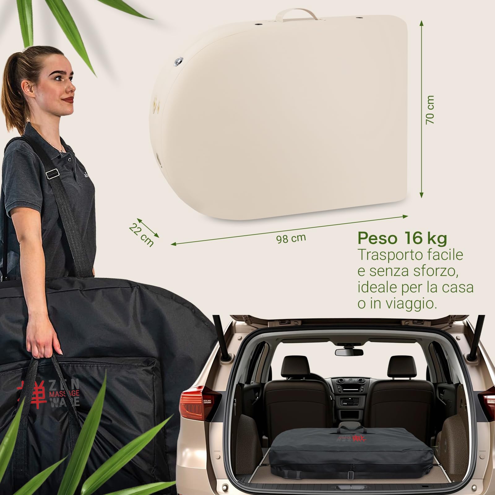 ZEN - Lettino massaggio ovale mobile pieghevole & regolabile - Tavolino massaggio legno massiccio angoli rotondi per massaggi attivi - Panchina massaggi con poggiatesta, braccioli e borsa (crema)