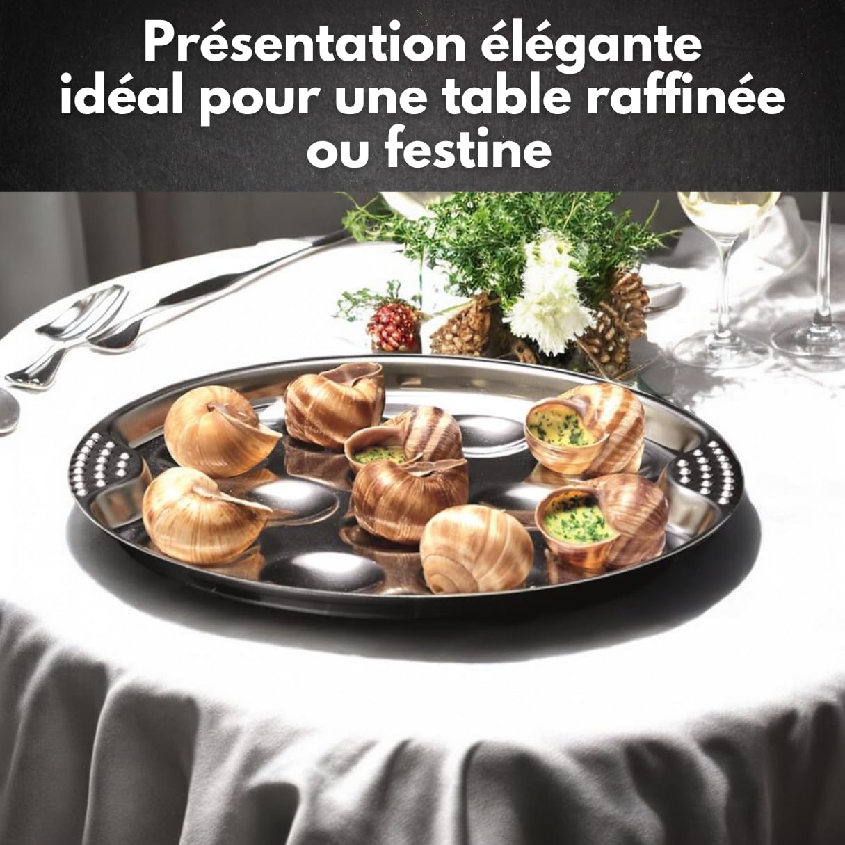 Service à Escargots 12 trous - Assiettes, Pinces et Piques à Escargots en Acier Inoxydable - Coffret Complet d’Ustensiles pour 4, 6, 8 ou 12 personnes (Set 24 pcs)