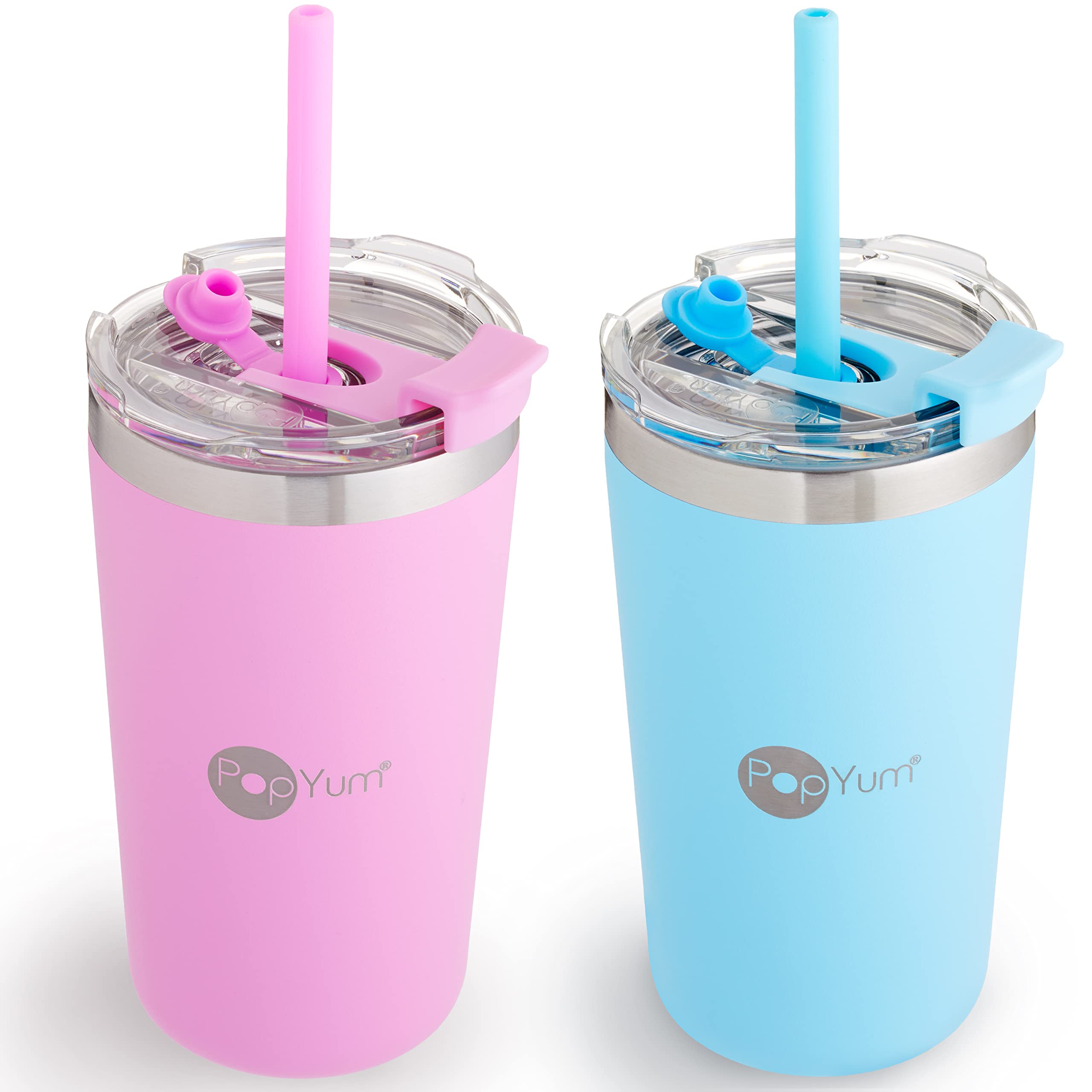 PopYum 13oz Insulated Stainless Steel Kids’ Cups with Lid and Straw, 2-Pack, Blue, Pink, stackable, sippy, baby, child, toddler, tumbler, double wall,