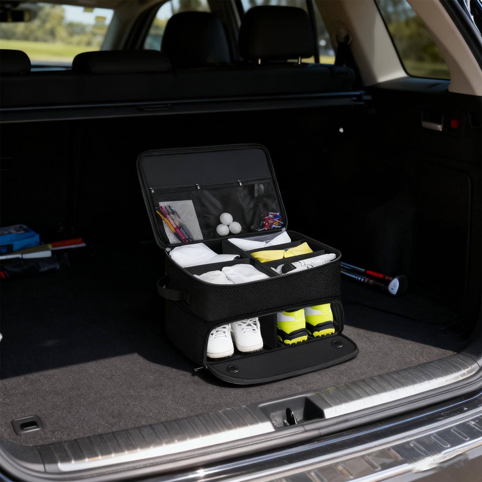 Golf-Kofferraum-Organizer,2-lagiger Golf-Spind für Auto,16.99*12.9*9.84in Golf Trunk Organizer,Auto-Aufbewahrung für Golfzubehör,wasserdichter Auto-Golf-Schließfach mit separatem, belüftetem