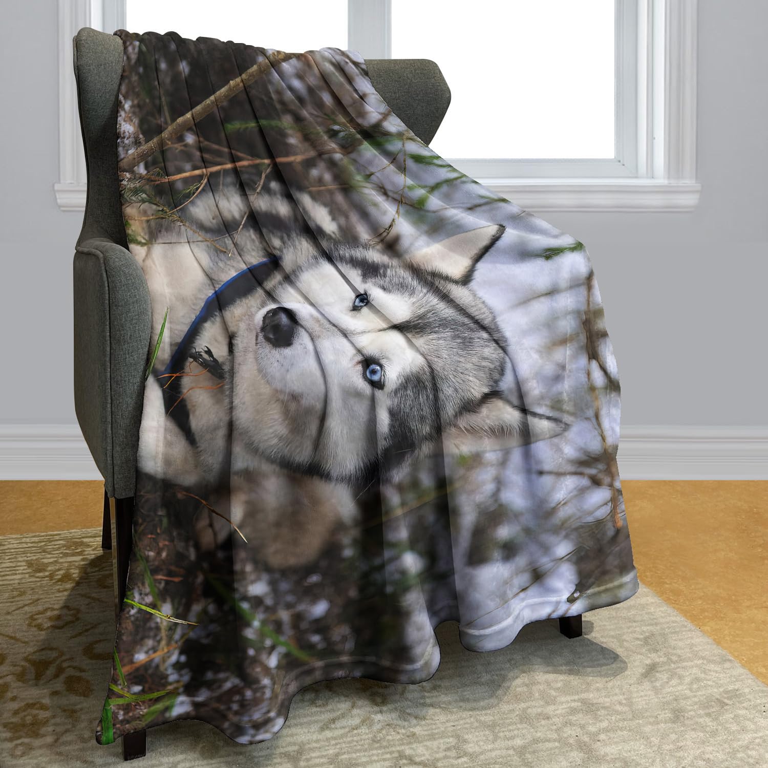 YISUMEI - Couverture polaire douce – Husky de Sibérie, jeté de lit 150 x 200 cm, convient pour canapé ou lit