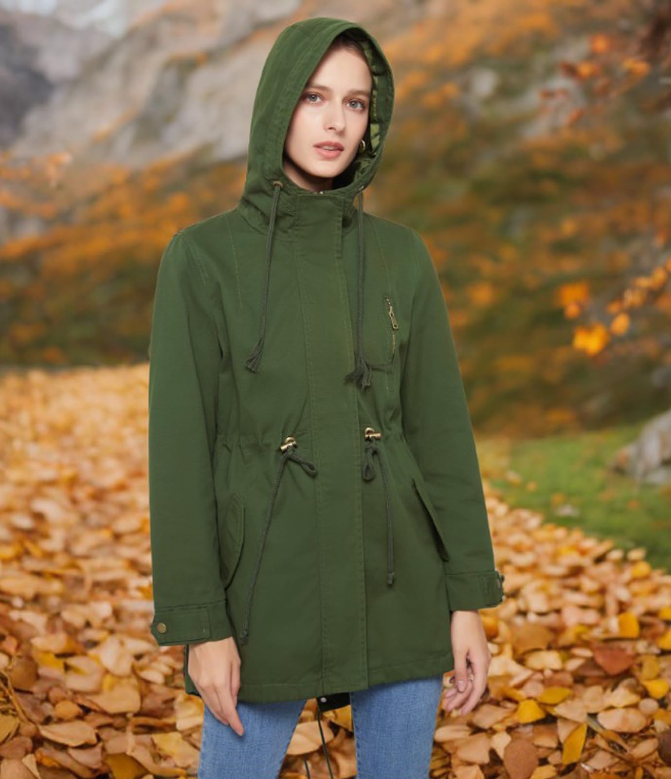 Damen Casual Leichtgewicht Militär Jacken Anorak Utility hohe Taille Drawstring Zip Up Hood Mantel
