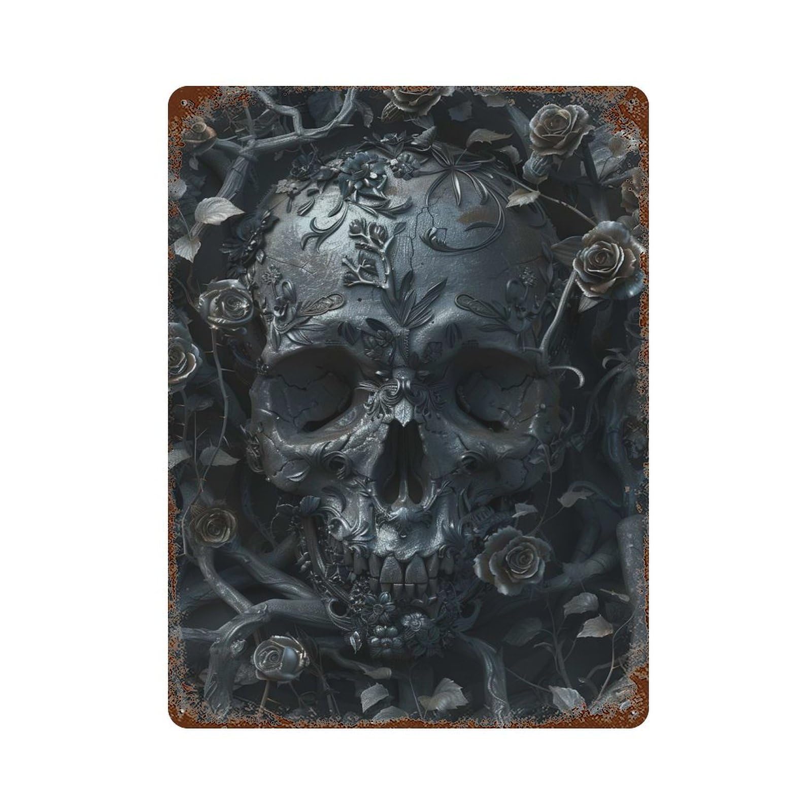 Rust Effect Gothic Skull with Roses Aged Metal Wall Plaque 15.7"x11.8", Rustic Home Decor for Bistro, Counter And Cafe Decor