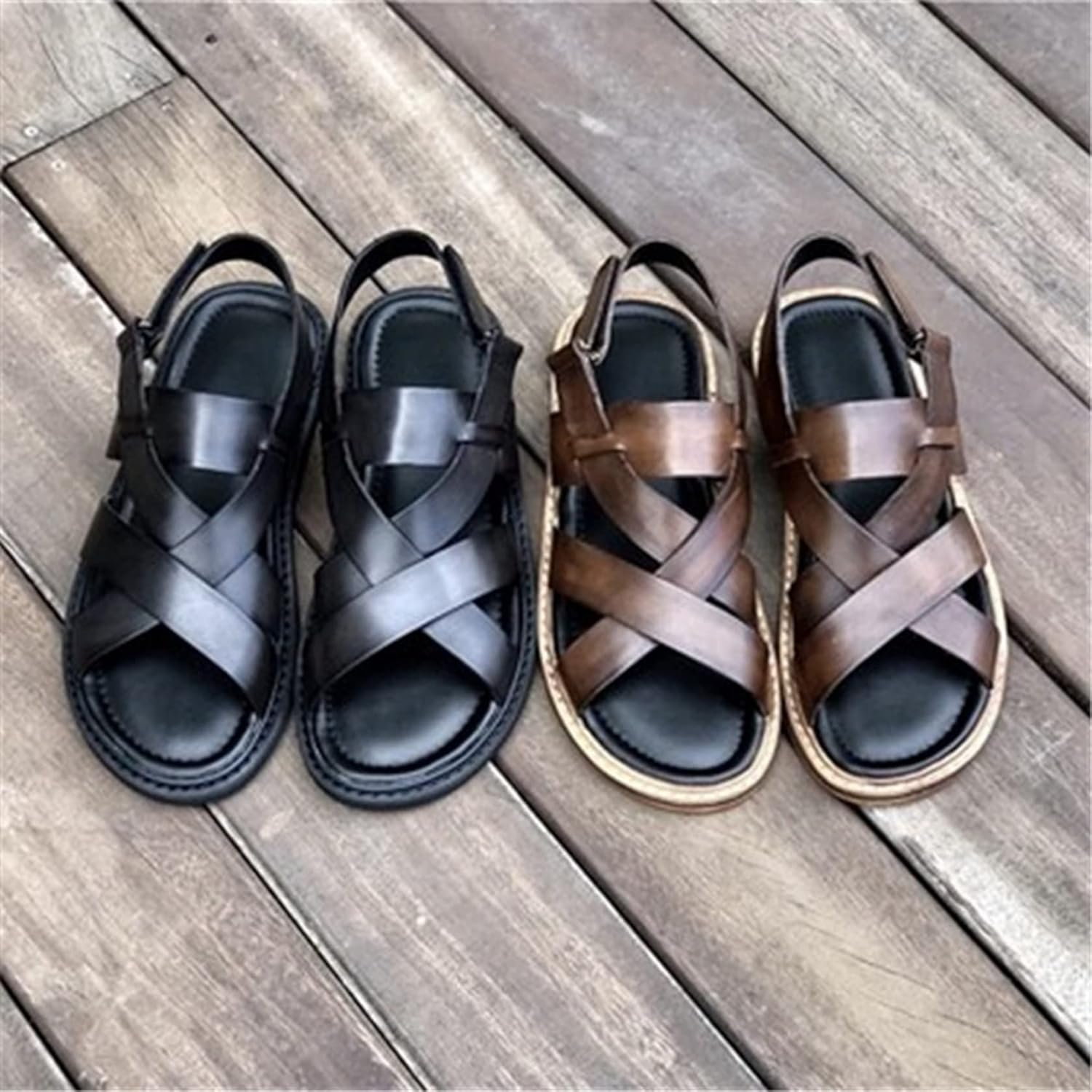 [kzzkoo] レザー メンズサンダル マジックテープ クロスサンダル 本革 牛革 革靴 ビーチサンダル 防滑 耐久性 痛くない カジュアル 紳士用 水陸両用 耐磨耗 幅広 通勤 通学 フラット クッション