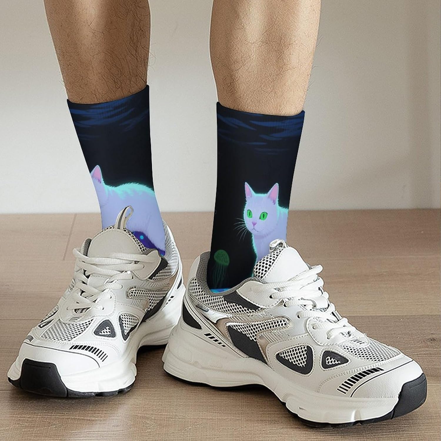 Moisture Wicking Socks, Breathable, Lightweight Crew Sock, Casual | Cat And Shark Work Socks for Women Men, Elastic Soft Boot Socks for Travel, Seamless