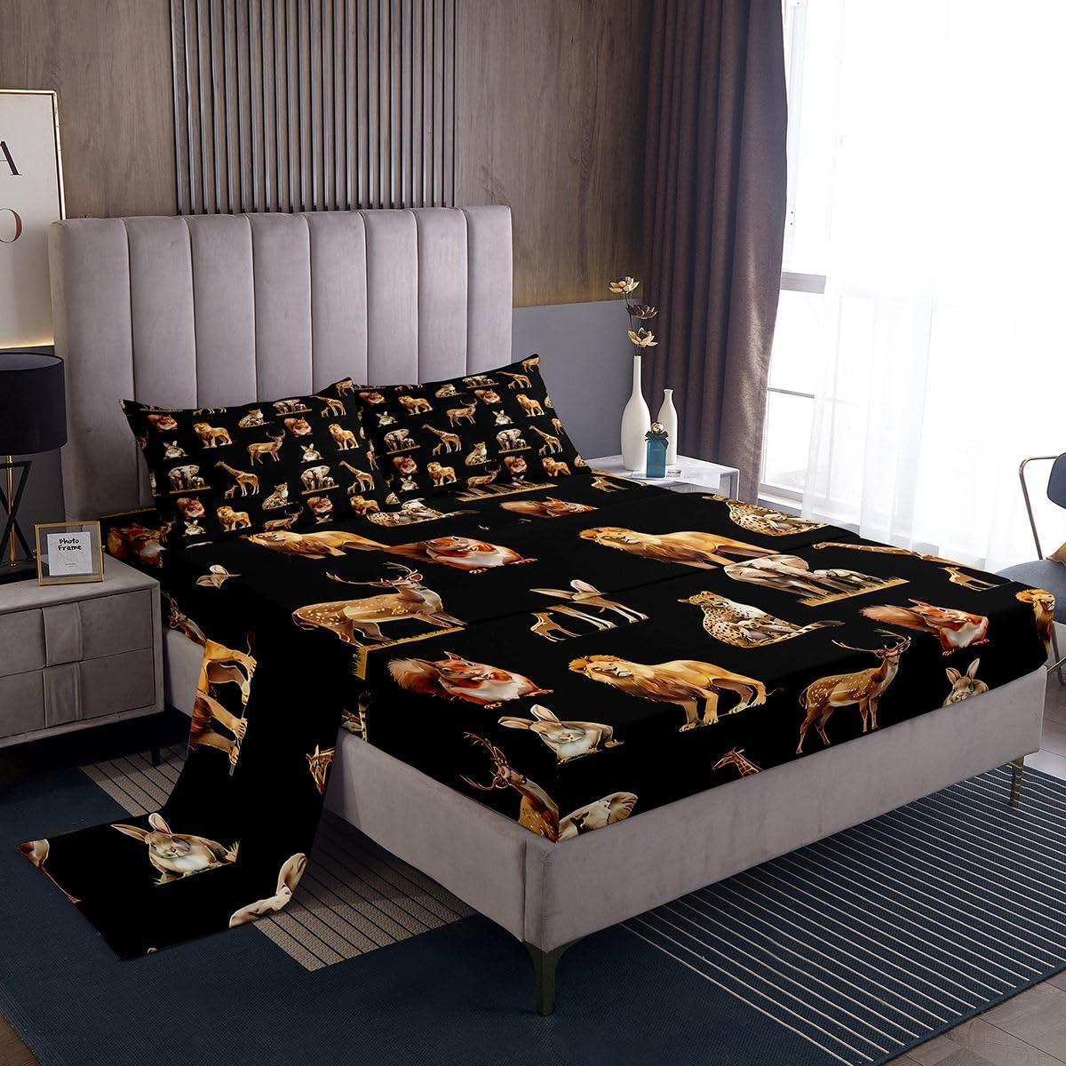 Zoo Animal Bedding for Girls Boys Kids Full Size Cute Giraffe Bed Sheets Set Room Decor Cartoon Animal 4 Pieces Sheet With 26 Inch Deep Pockets Black Brown Breathable Soft Lightweight Microfiber