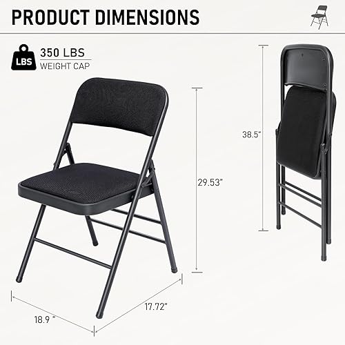 Miniatura 3 de Paquete de 6 sillas plegables negras con cojín acolchado de tela, juego de sillas de comedor acolchadas portátiles para interiores y exteriores,