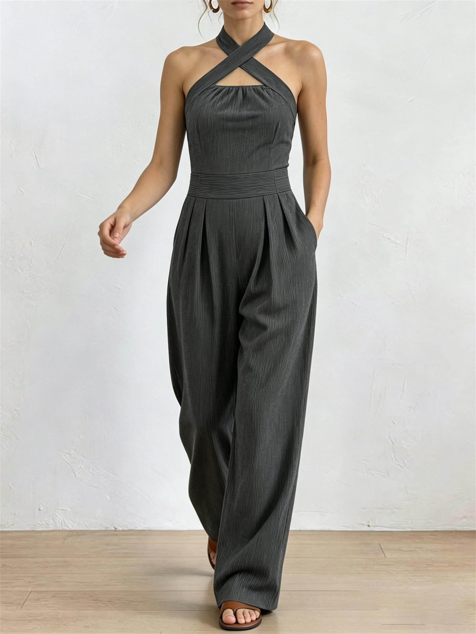 Générique Combinaison pantalon sans manches à jambes larges et poches, col halter croisé, en mélange coton et lin, tenue décontractée une pièce