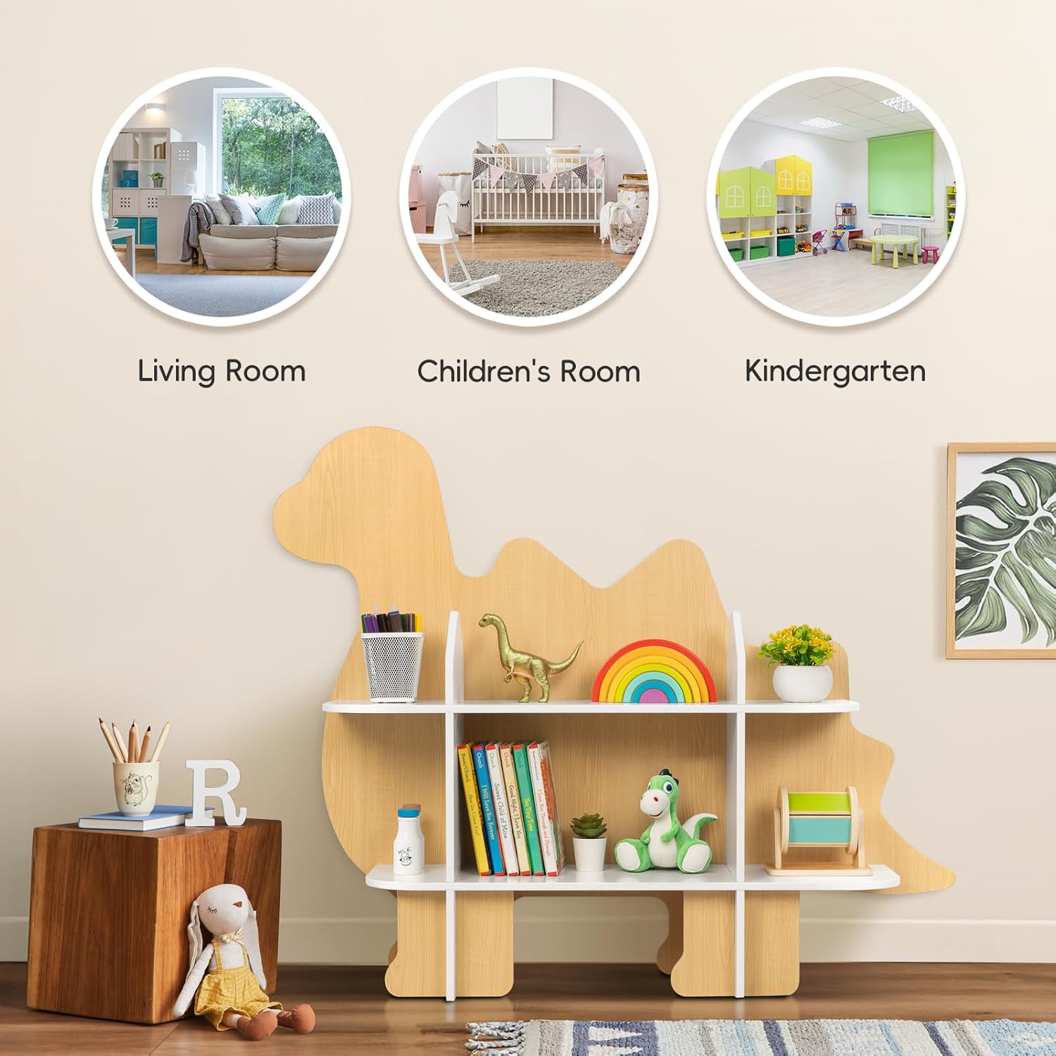 OOOK Children Dinosaur Bookshelf, 2-Tier Toddler Bookshelf, Dino Kids Bookcase and Toy Storage Organizer, Montessori Toy Shelf for Kids Room, Playroom, Nursery and Kindergarten