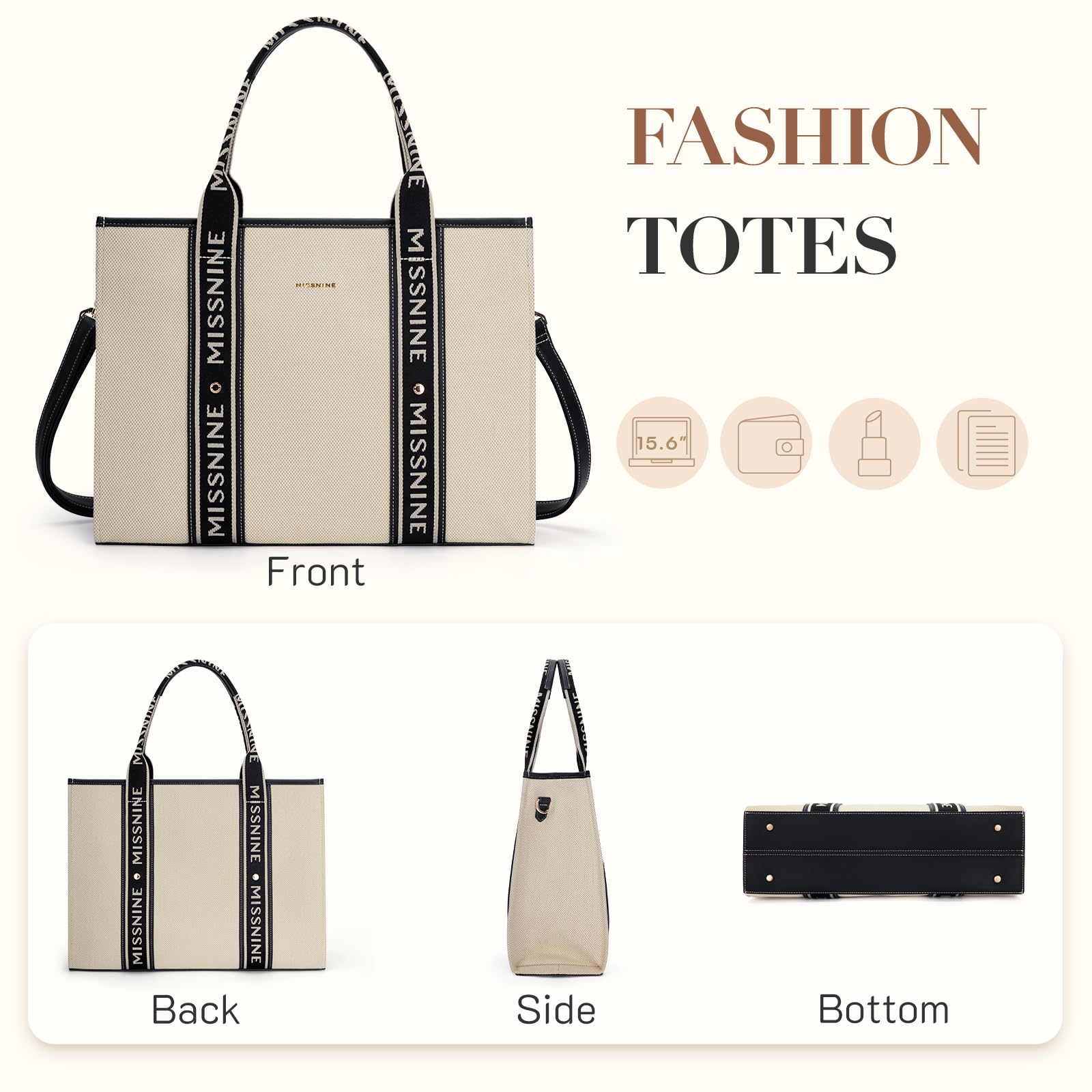 Missnine Borsa per computer portatile in tela 15,6 pollici valigetta per donna grande capacità borsa per ufficio scuola viaggi, nero e beige, L, Elegante