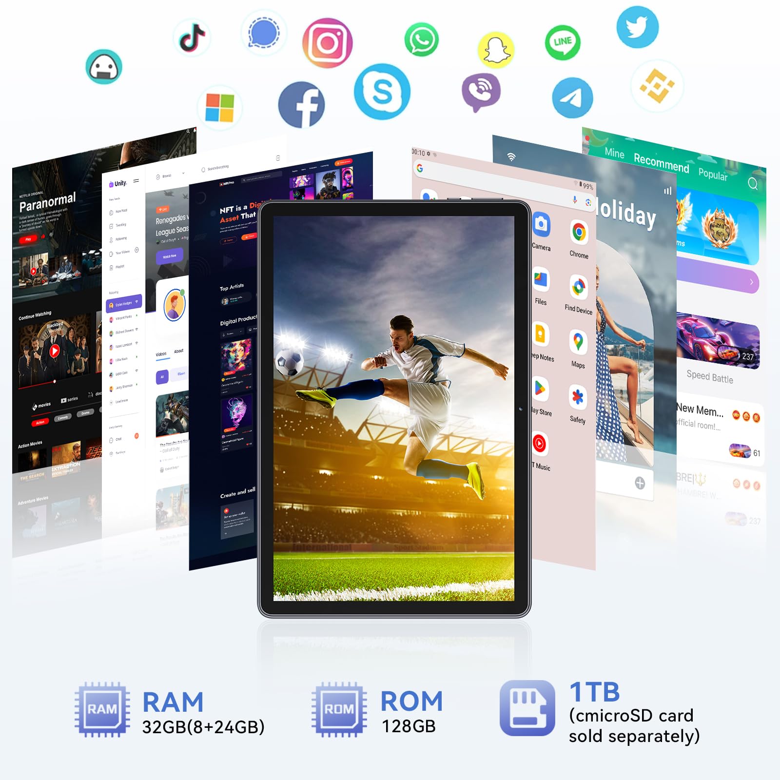 Tablet 11 Pulgadas, Tableta Android 16 con Teclado, Octa-Core T615 , 32GB RAM + 128GB ROM+ 1TB TF, Pantalla HD IPS 1920x1200, Cámara Dual 8MP + 16MP, 8000 mAh, Gemini AI, Widevine L1, GPS, BT 5.0